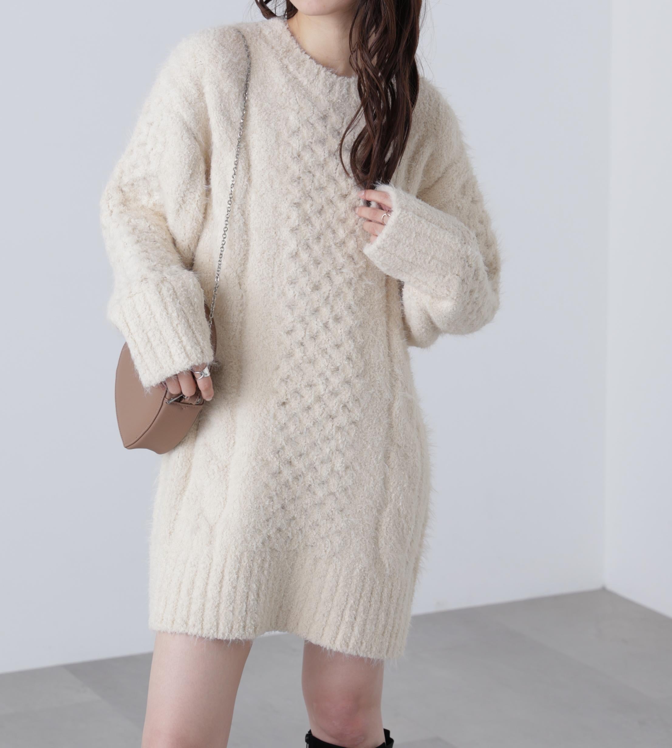 テディヤーンケーブル編みミニワンピース オフ