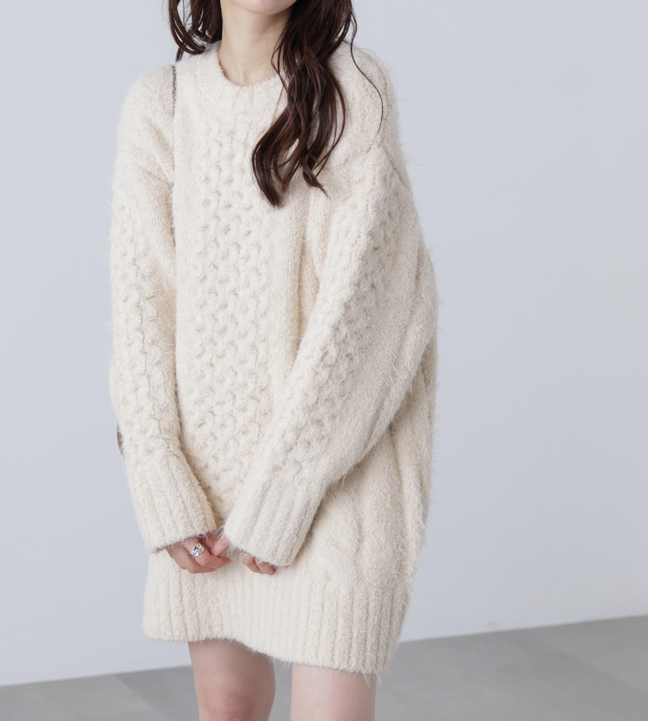 テディヤーンケーブル編みミニワンピース オフ