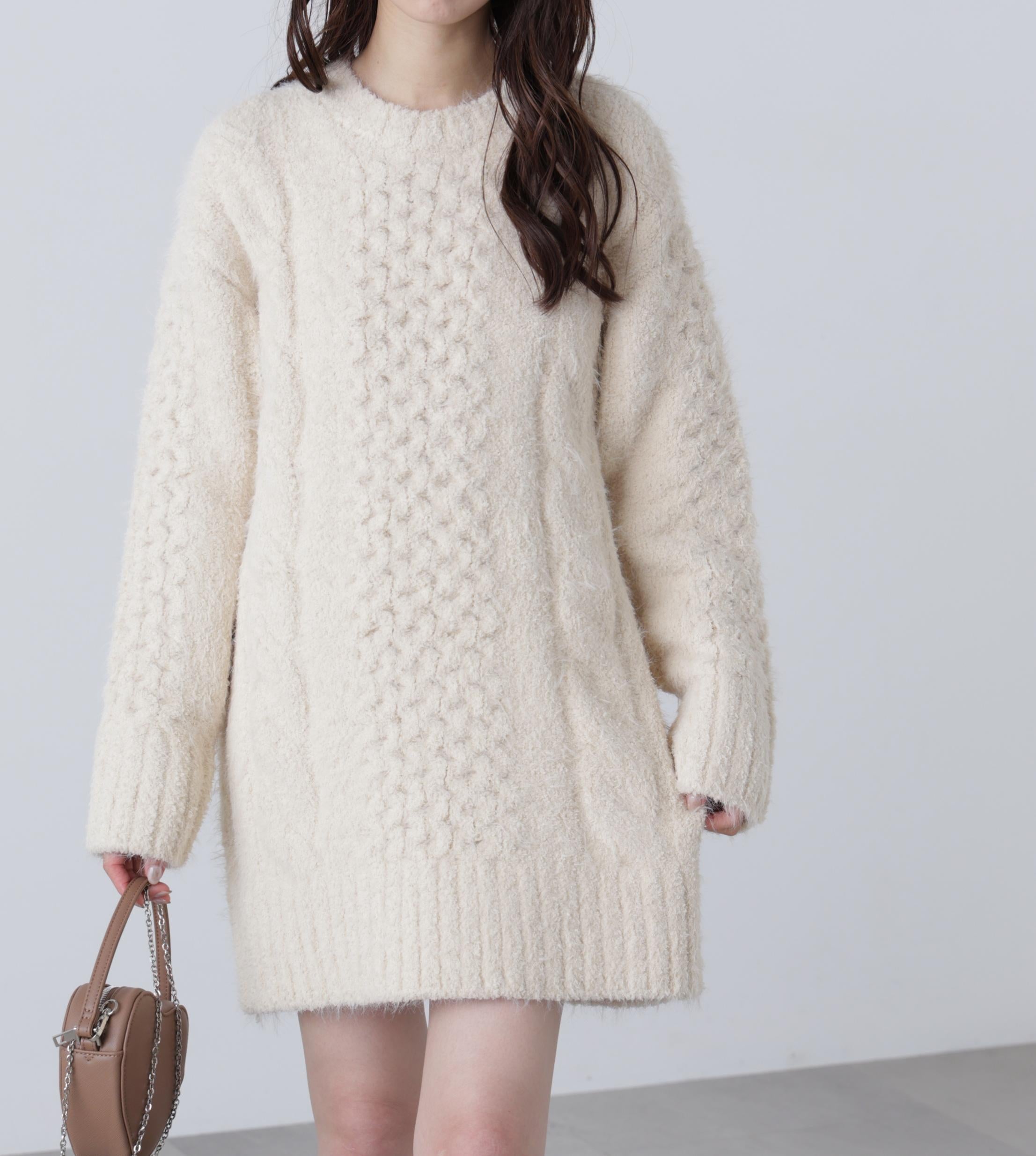 テディヤーンケーブル編みミニワンピース オフ