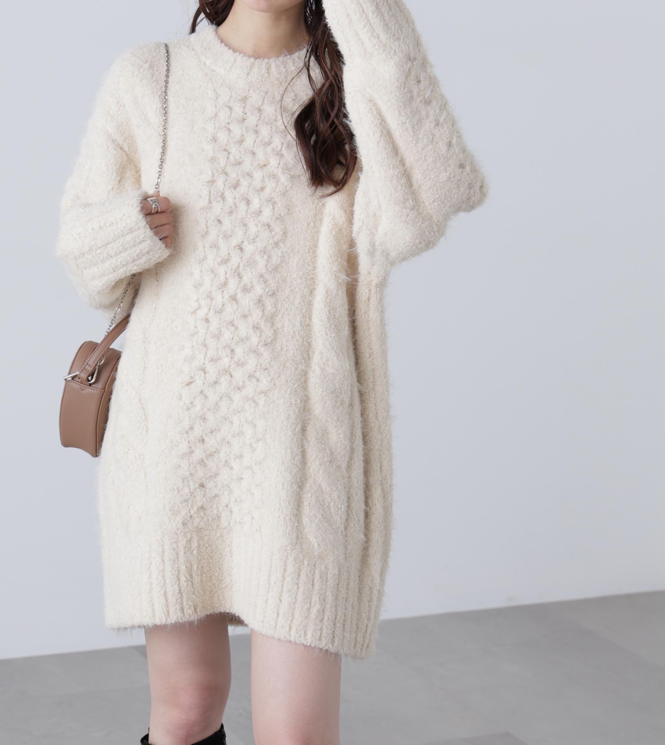 テディヤーンケーブル編みミニワンピース オフ