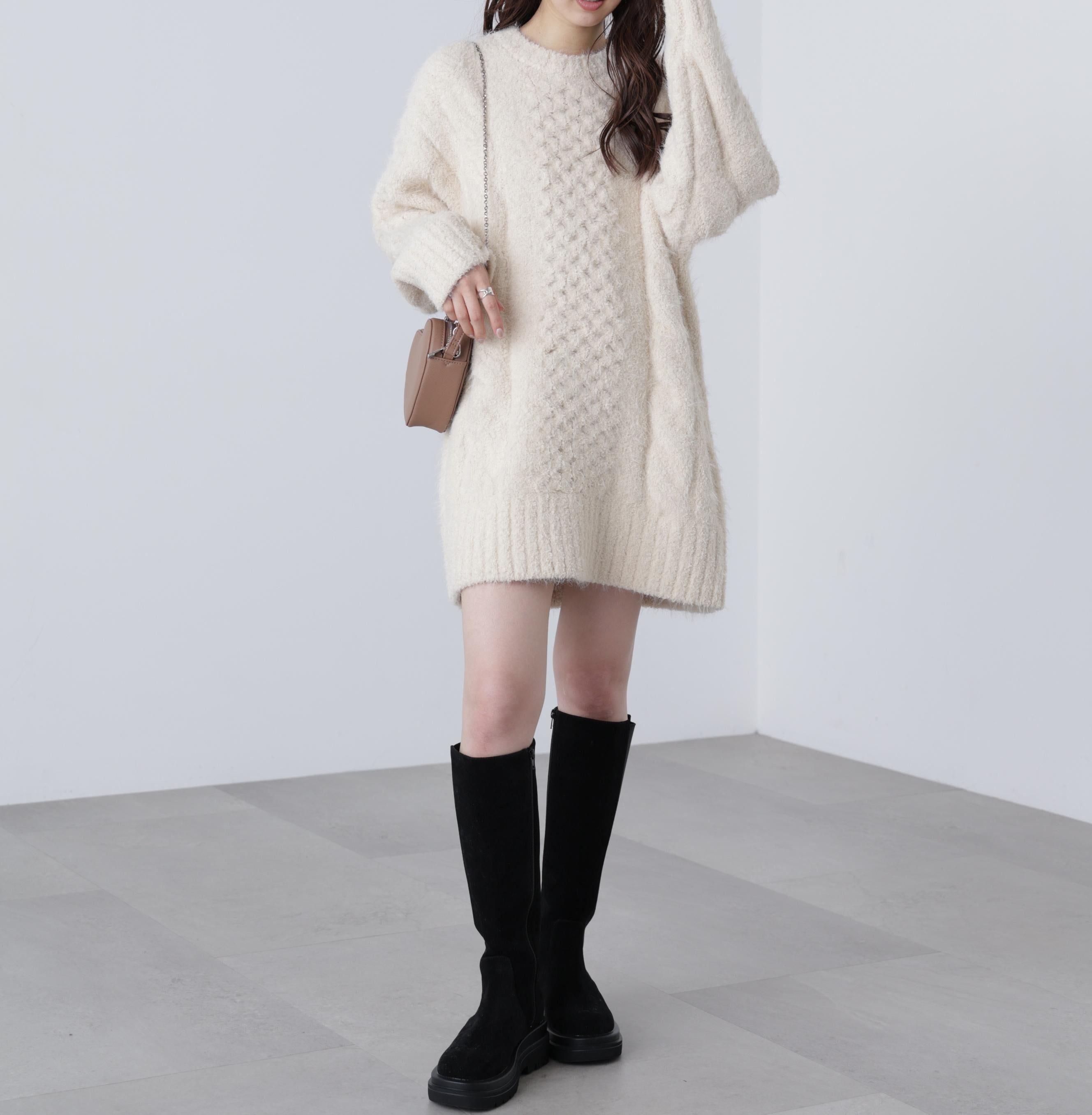 テディヤーンケーブル編みミニワンピース オフ