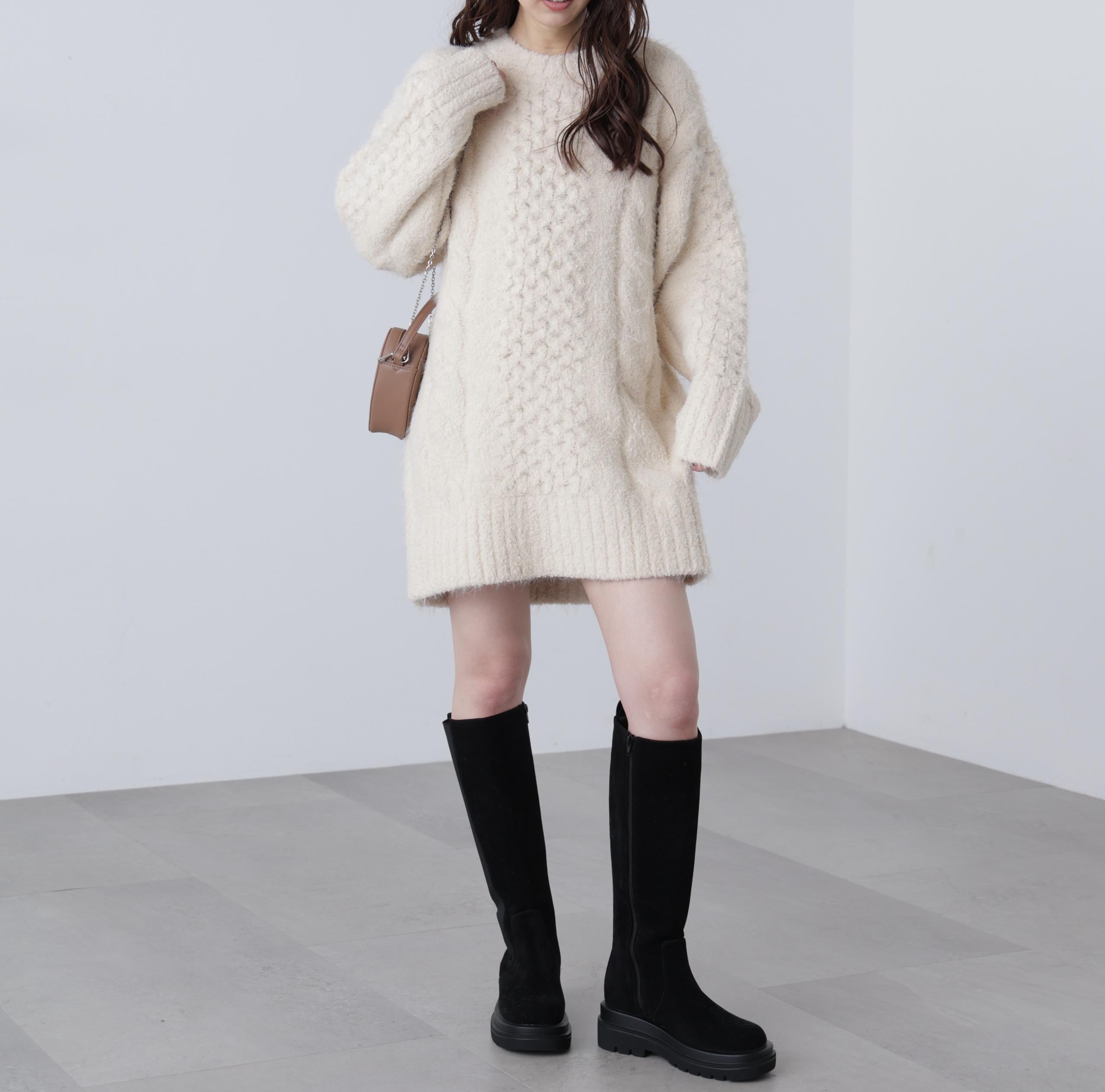 テディヤーンケーブル編みミニワンピース オフ