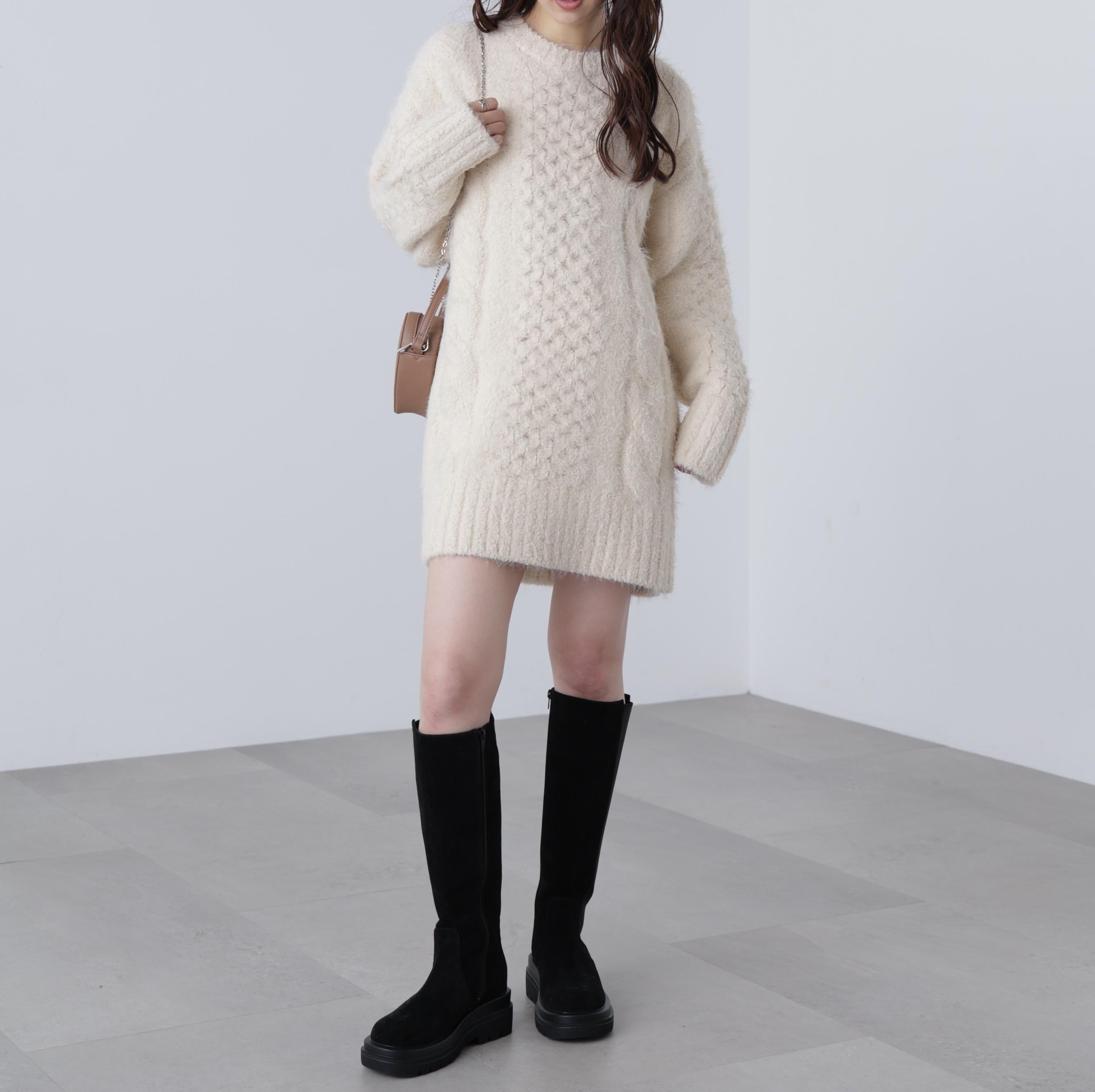 テディヤーンケーブル編みミニワンピース オフ