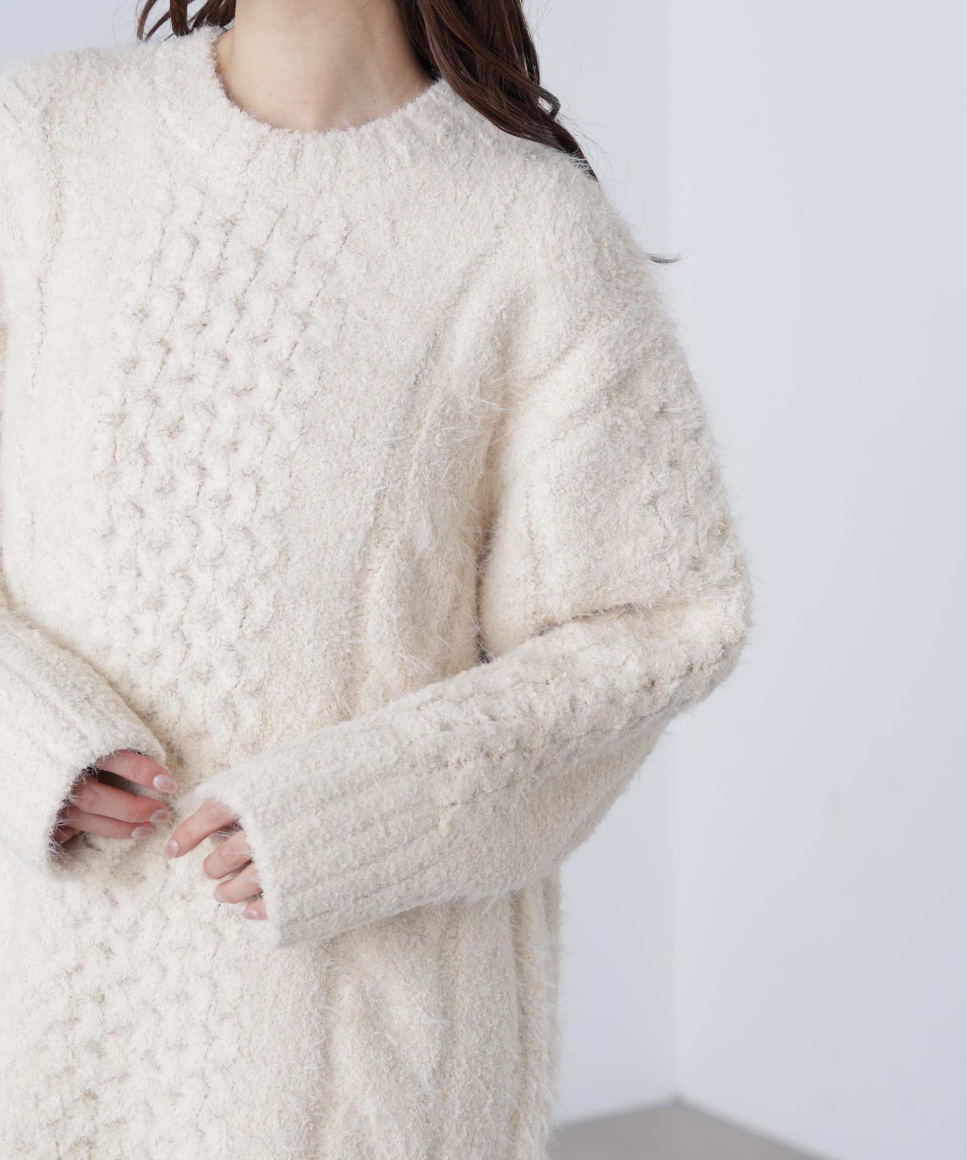 テディヤーンケーブル編みミニワンピース オフ