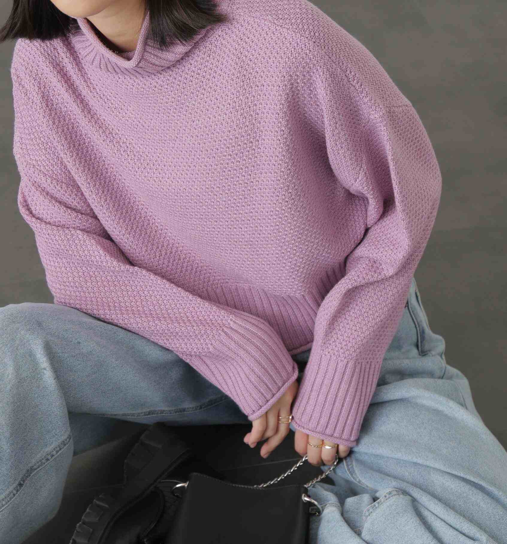 4者混鹿の子ショート丈タートルネックニット ピンク