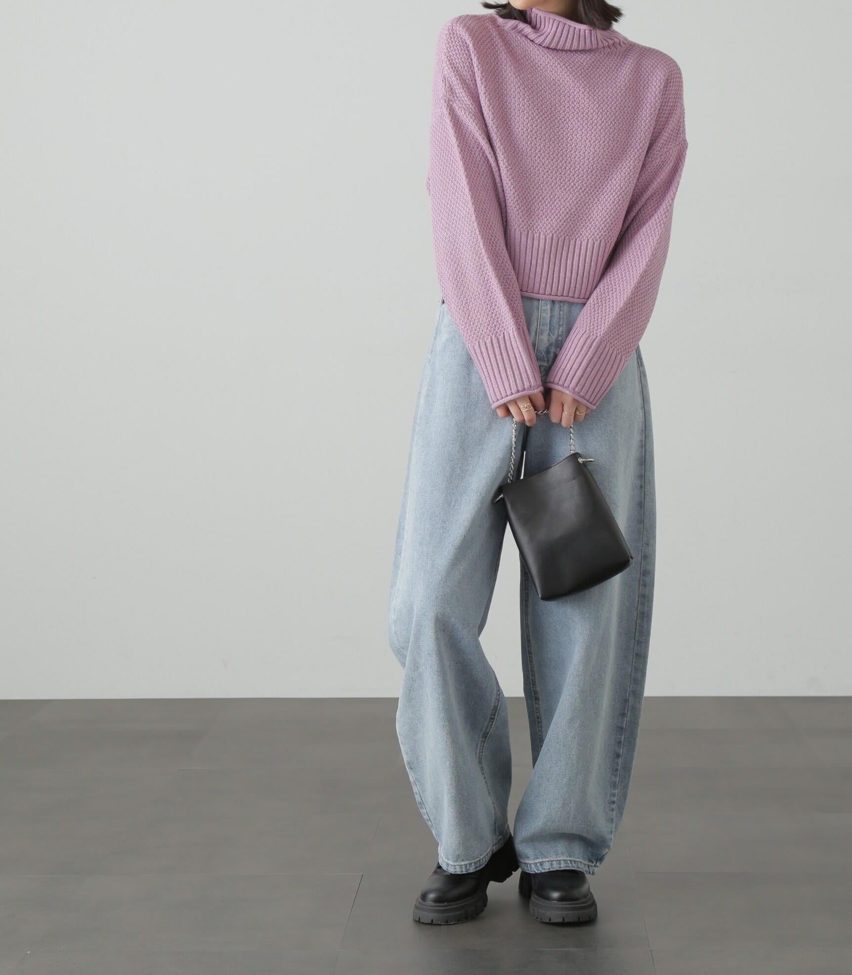 4者混鹿の子ショート丈タートルネックニット ピンク