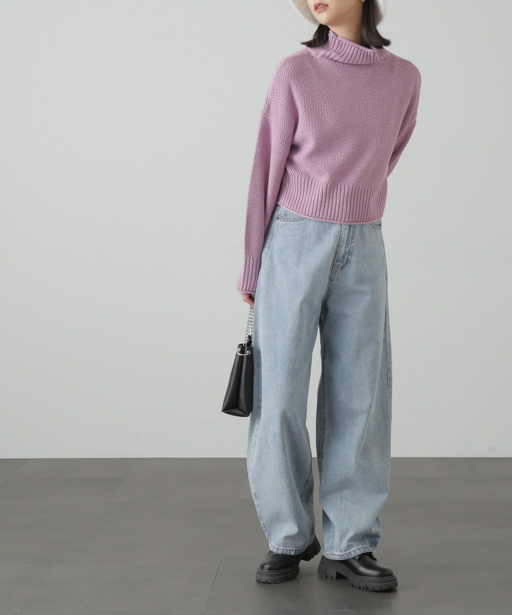 4者混鹿の子ショート丈タートルネックニット ピンク