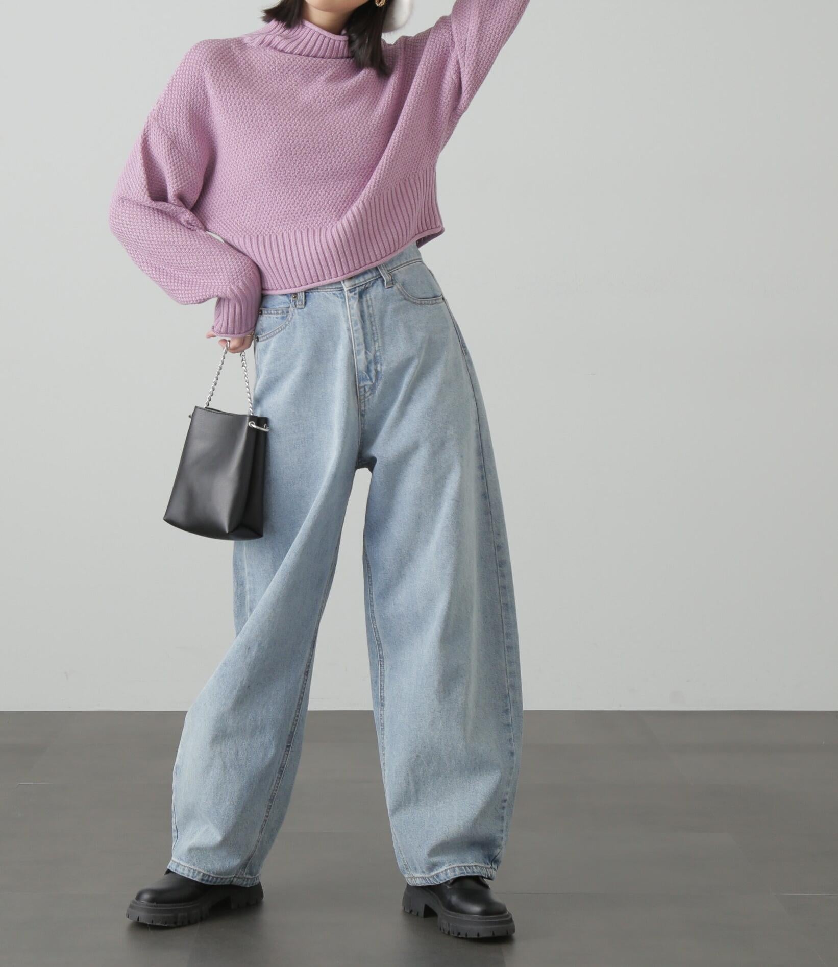 4者混鹿の子ショート丈タートルネックニット ピンク