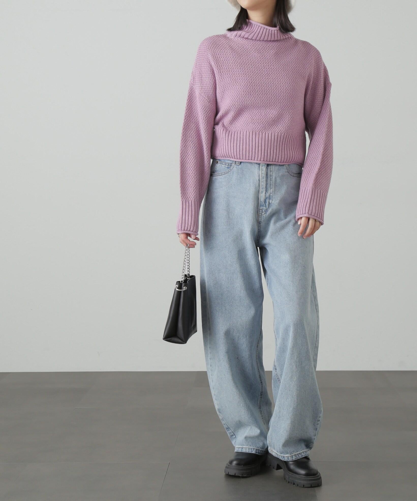 4者混鹿の子ショート丈タートルネックニット ピンク