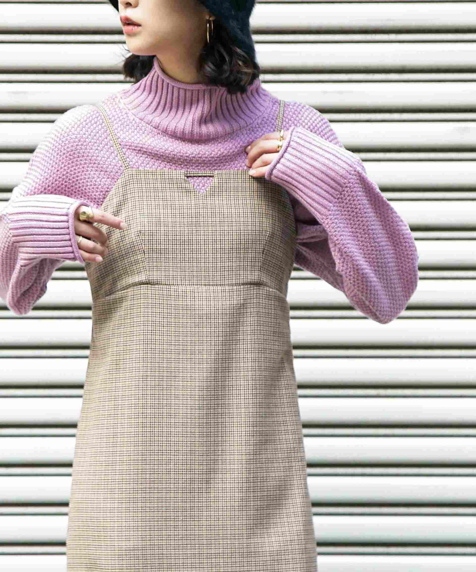 4者混鹿の子ショート丈タートルネックニット ピンク