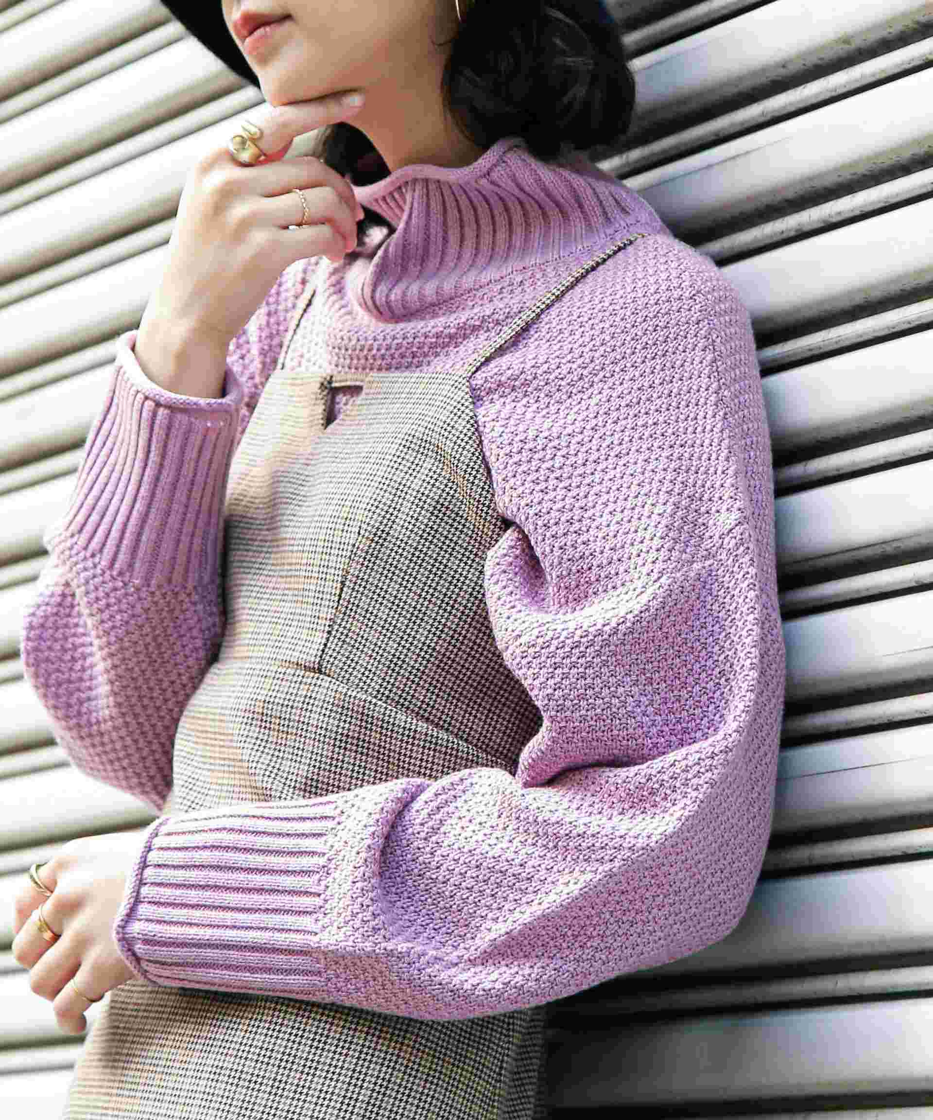 4者混鹿の子ショート丈タートルネックニット ピンク