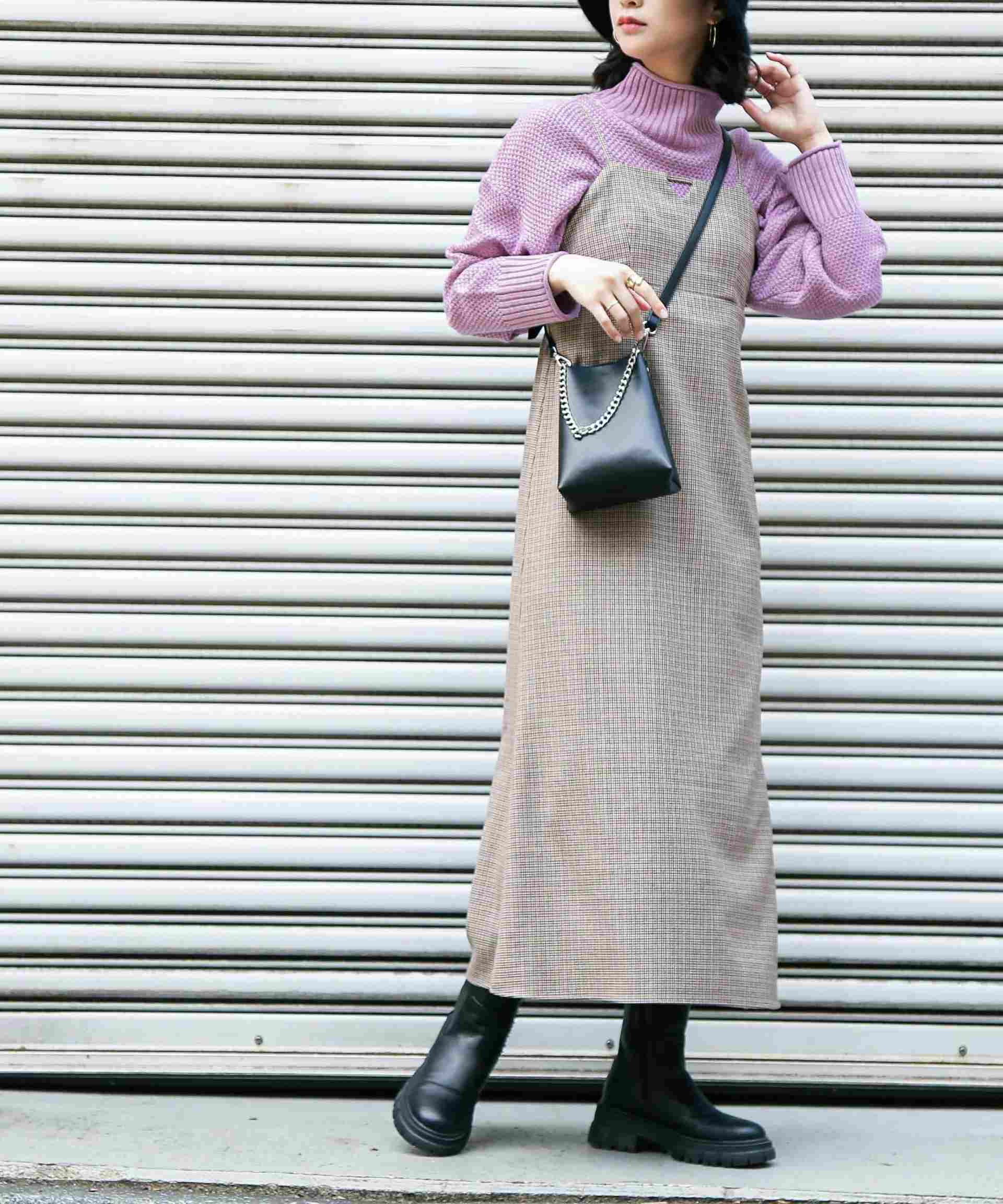 4者混鹿の子ショート丈タートルネックニット ピンク