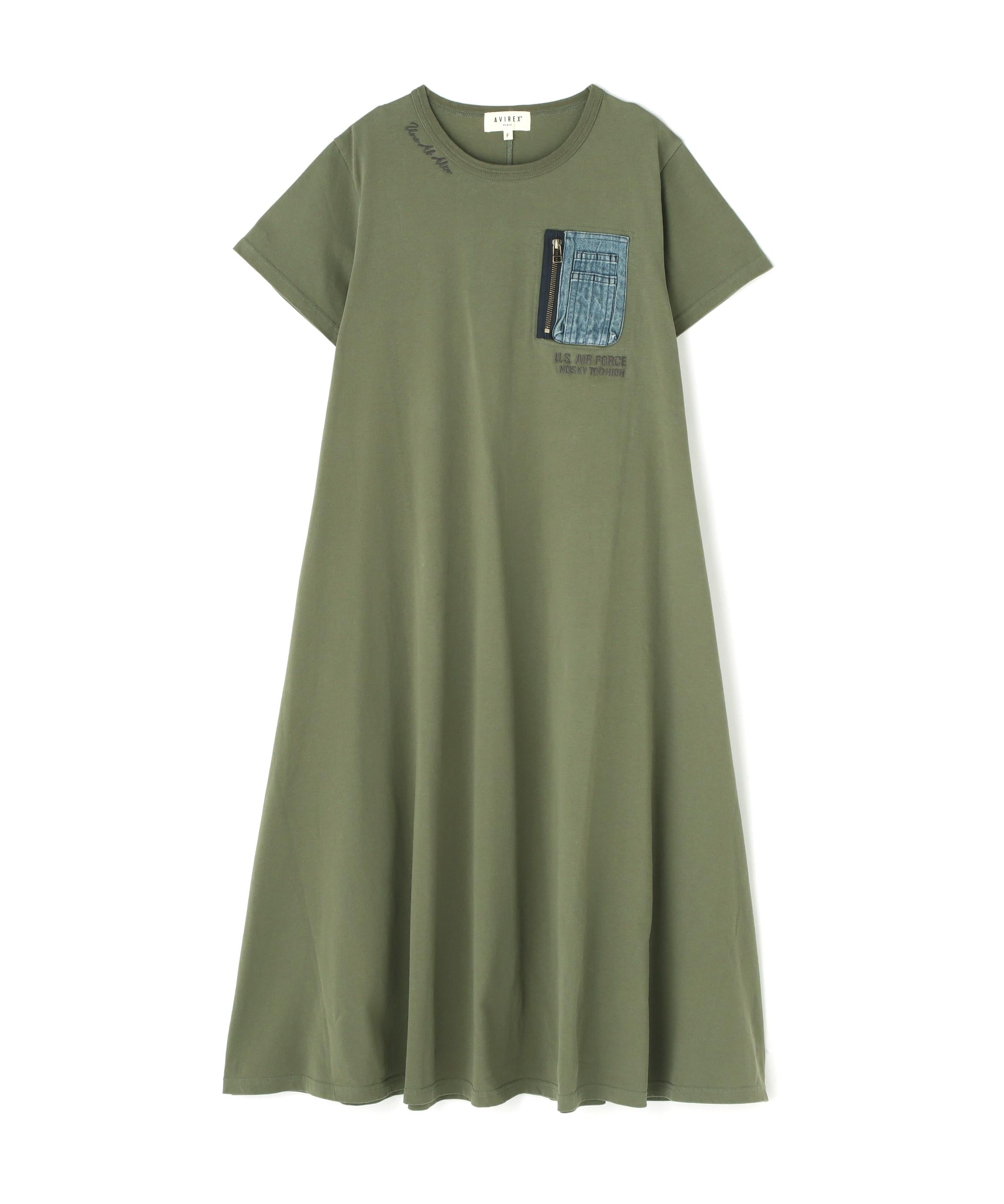 DENIM POCKET FLA>E ONEPICE/デニム ポケット フレア ワンピース オリーブ