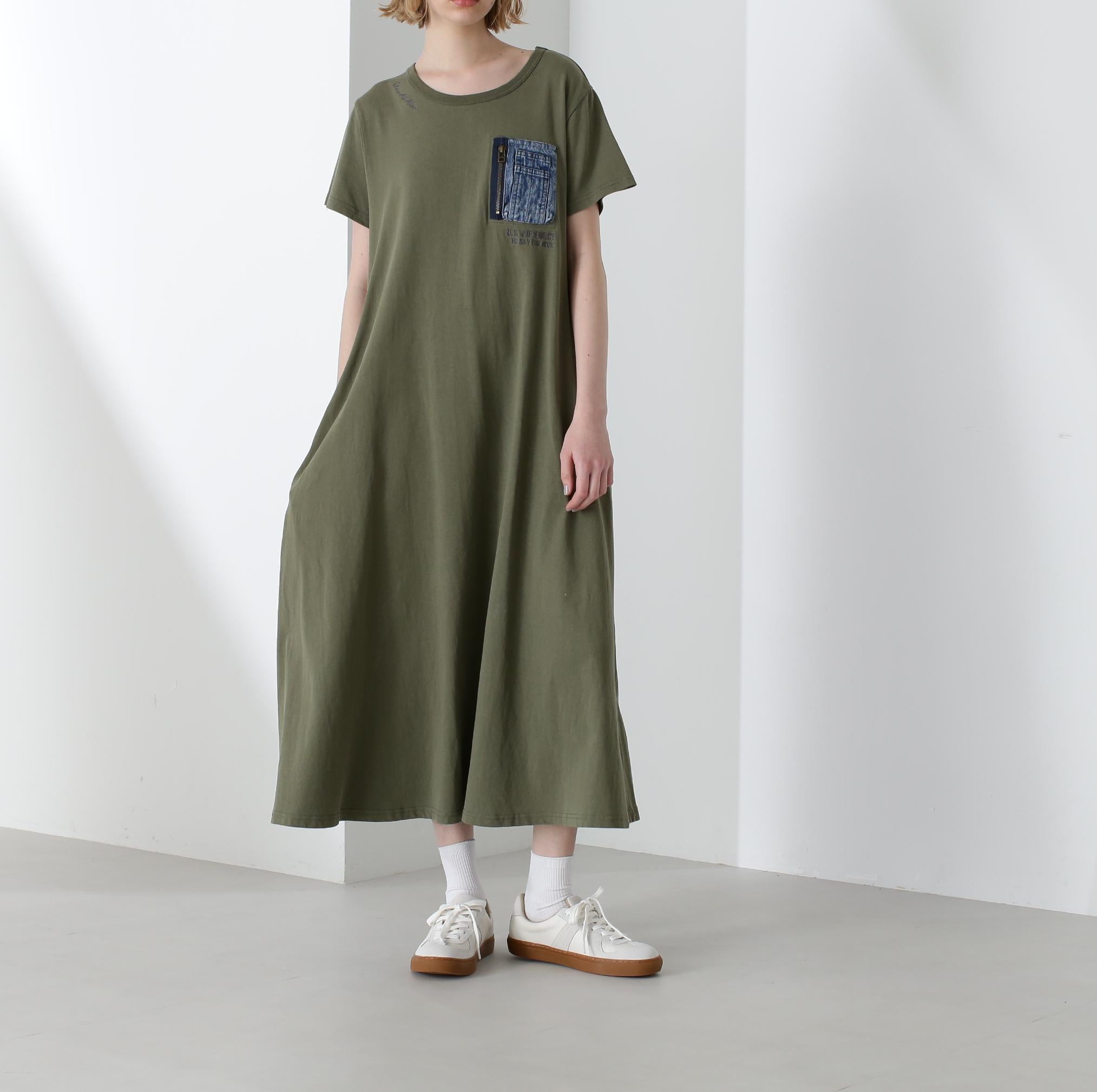 DENIM POCKET FLA>E ONEPICE/デニム ポケット フレア ワンピース オリーブ
