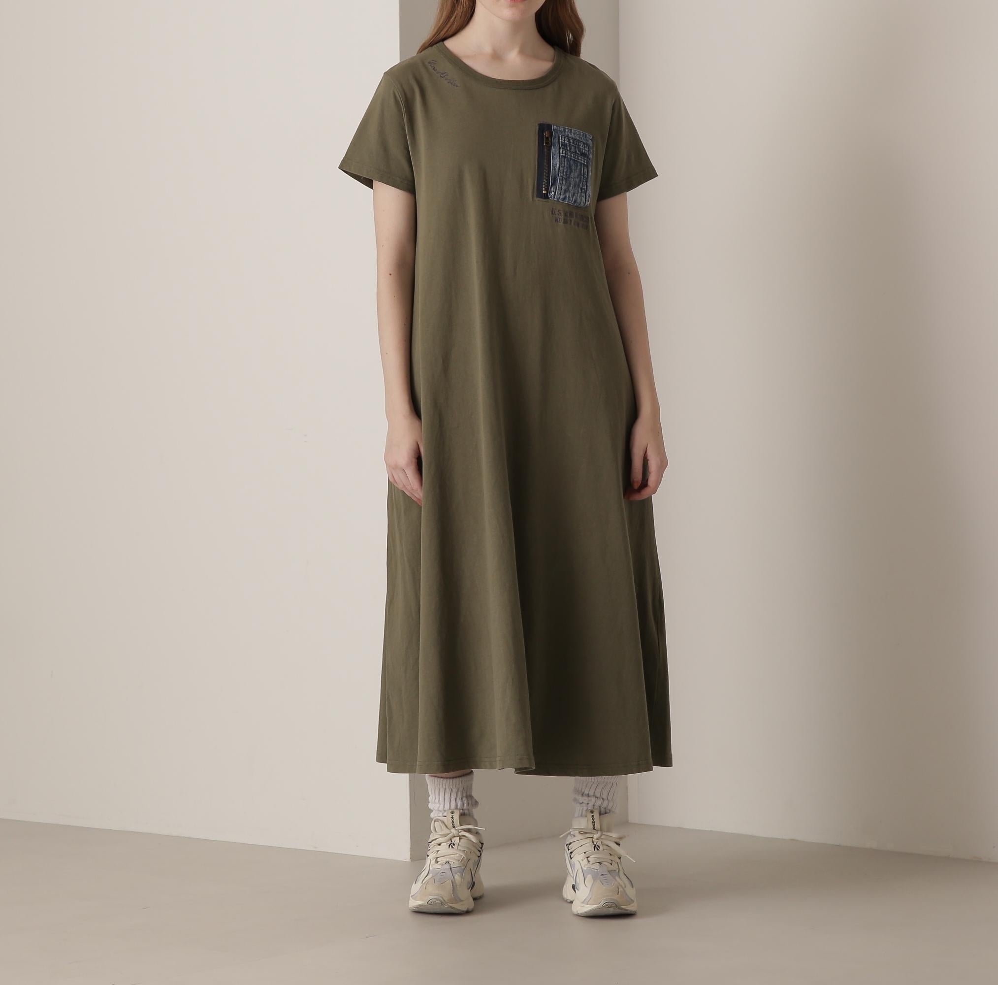 DENIM POCKET FLA>E ONEPICE/デニム ポケット フレア ワンピース オリーブ