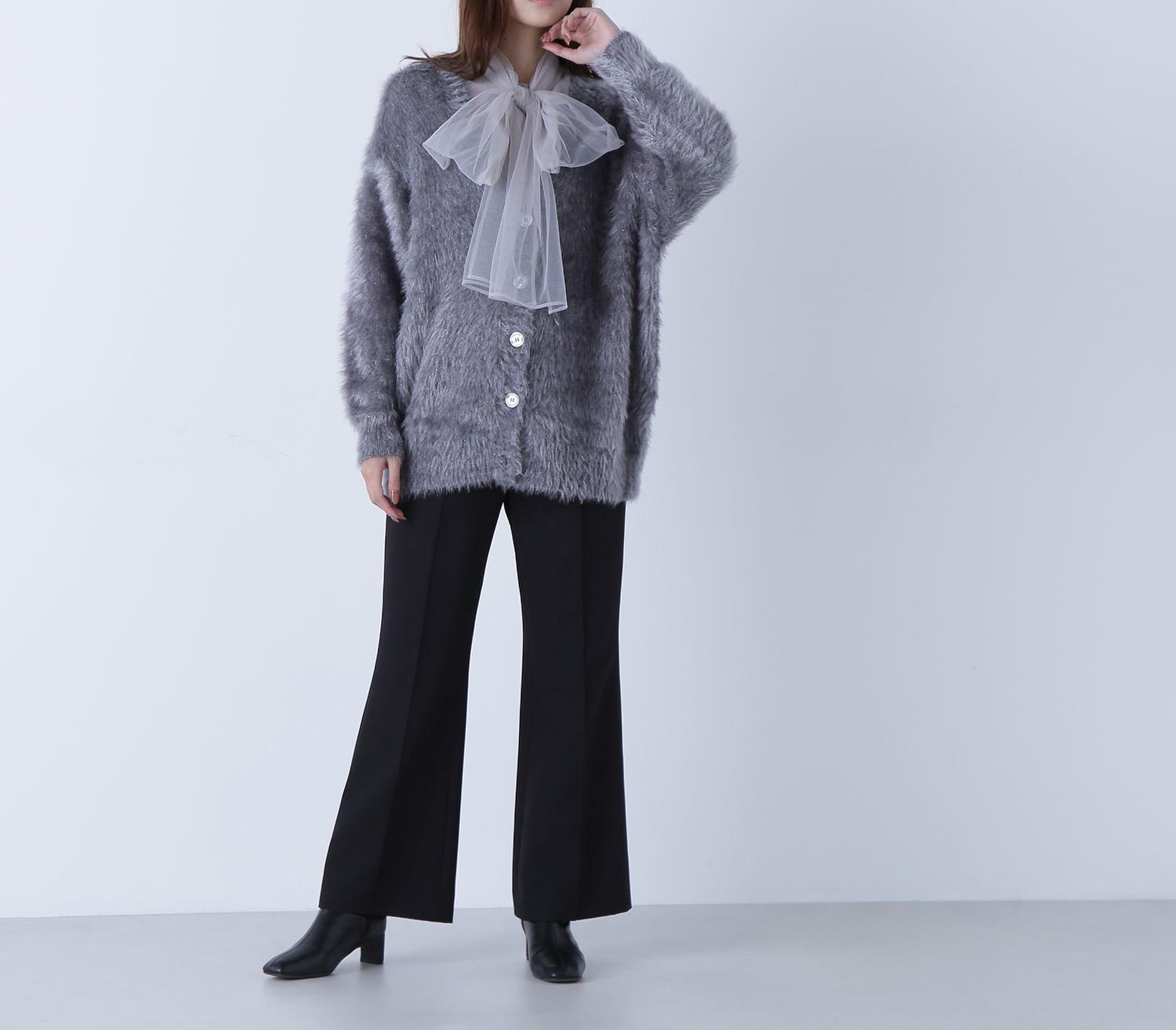 ヘアリーラメニットシリーズ Vネックカーディガン チャコール1