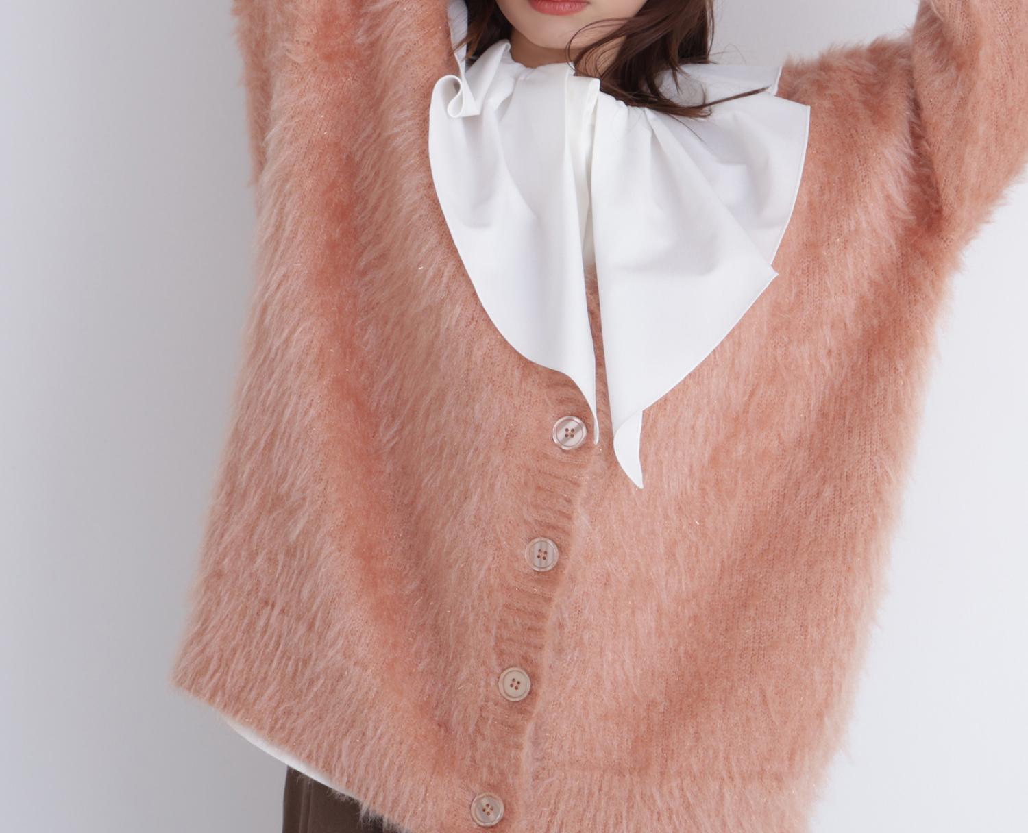 ヘアリーラメニットシリーズ Vネックカーディガン アプリコット