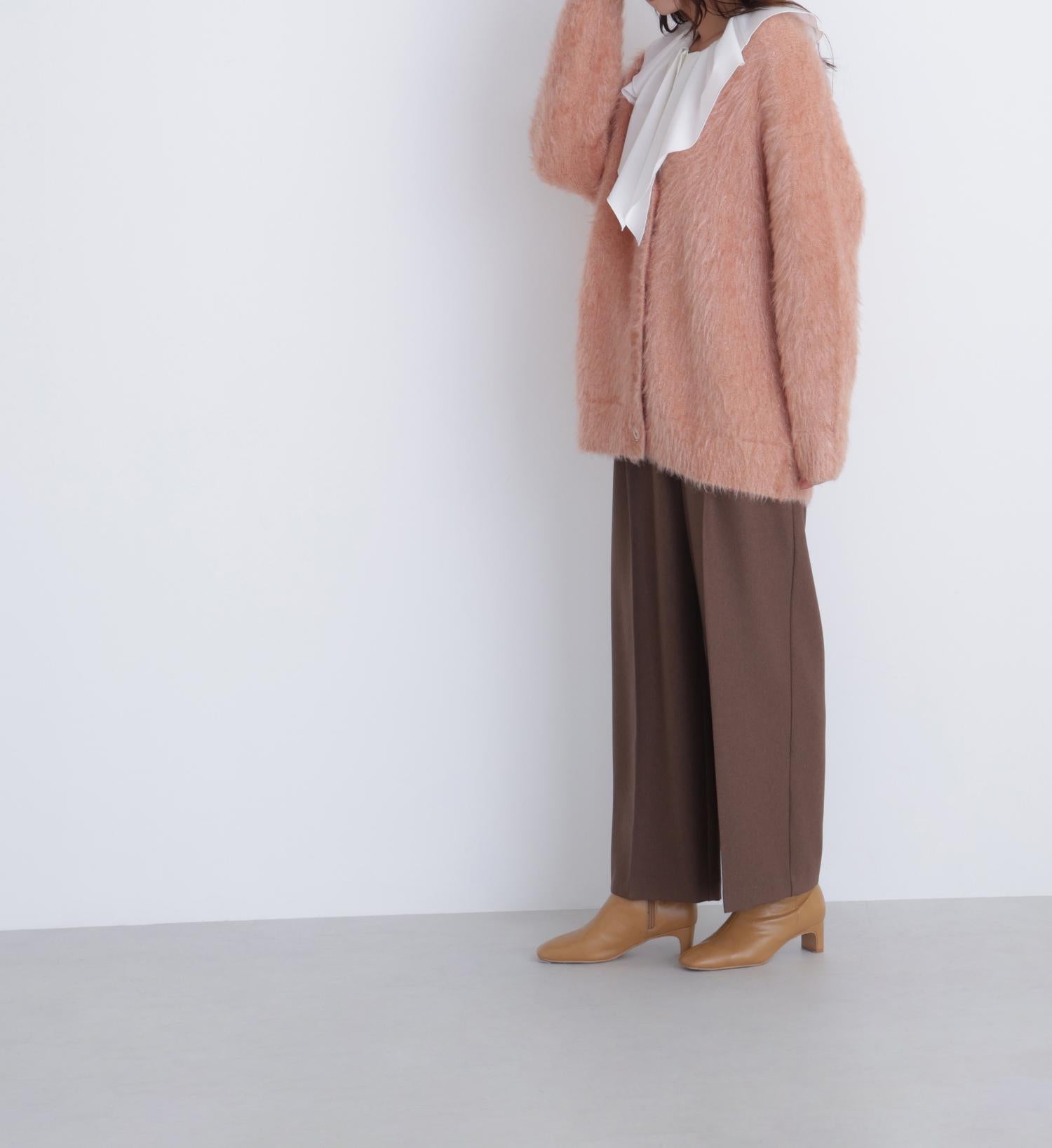 ヘアリーラメニットシリーズ Vネックカーディガン アプリコット