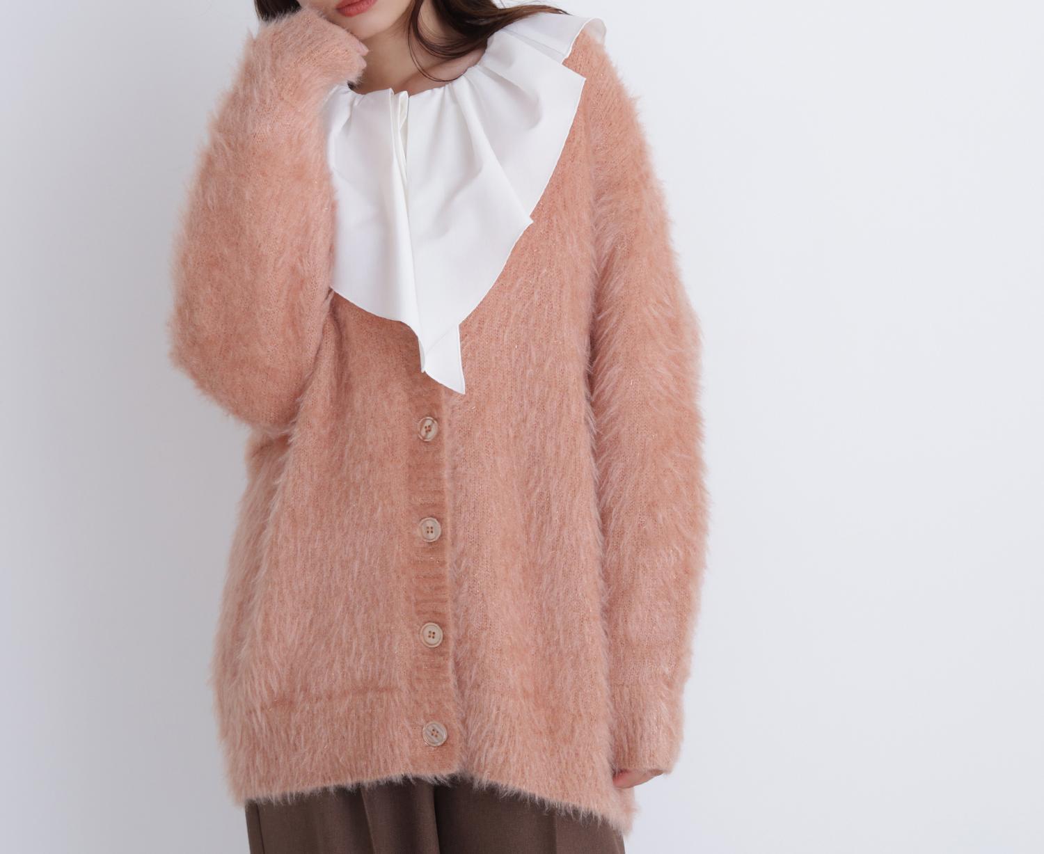 ヘアリーラメニットシリーズ Vネックカーディガン アプリコット