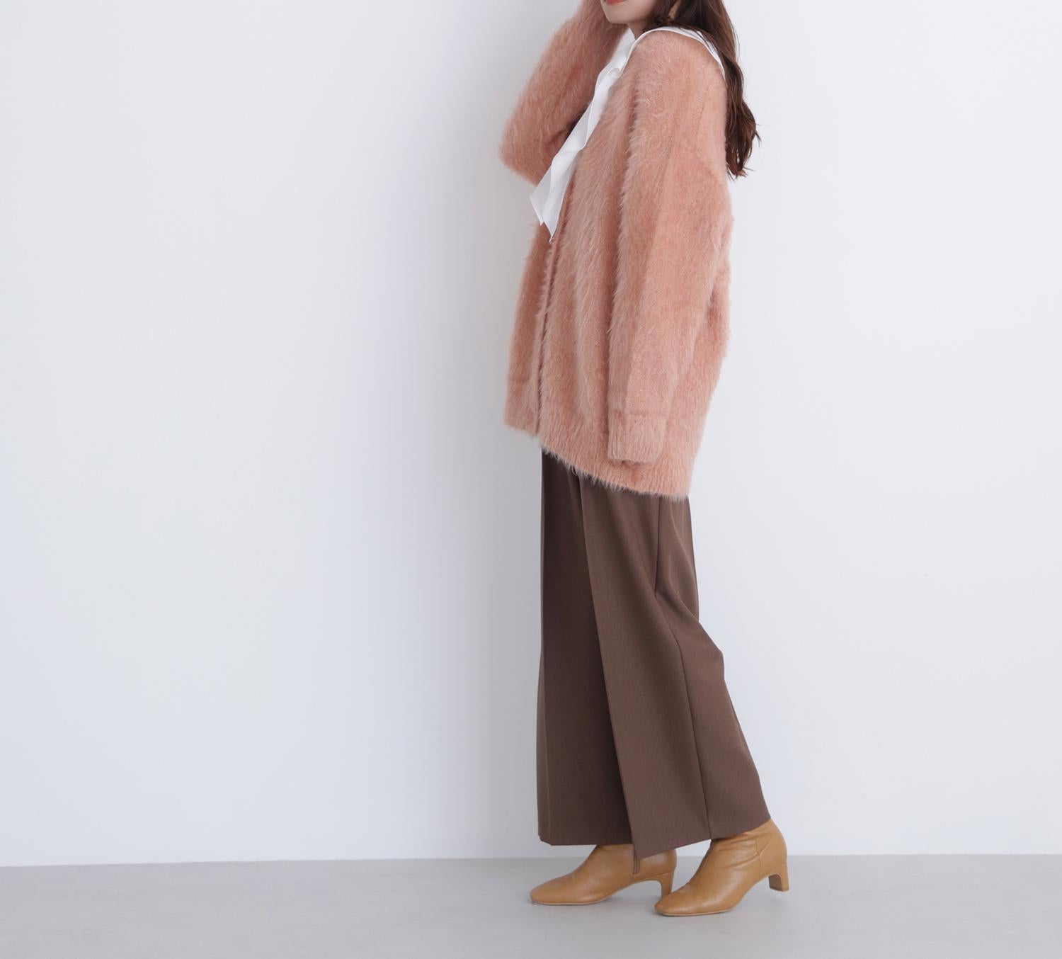 ヘアリーラメニットシリーズ Vネックカーディガン アプリコット