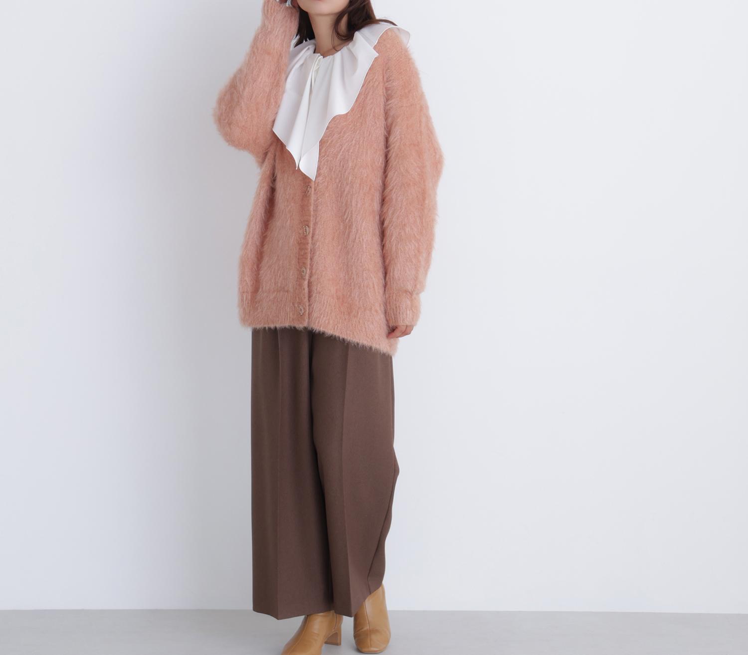 ヘアリーラメニットシリーズ Vネックカーディガン アプリコット