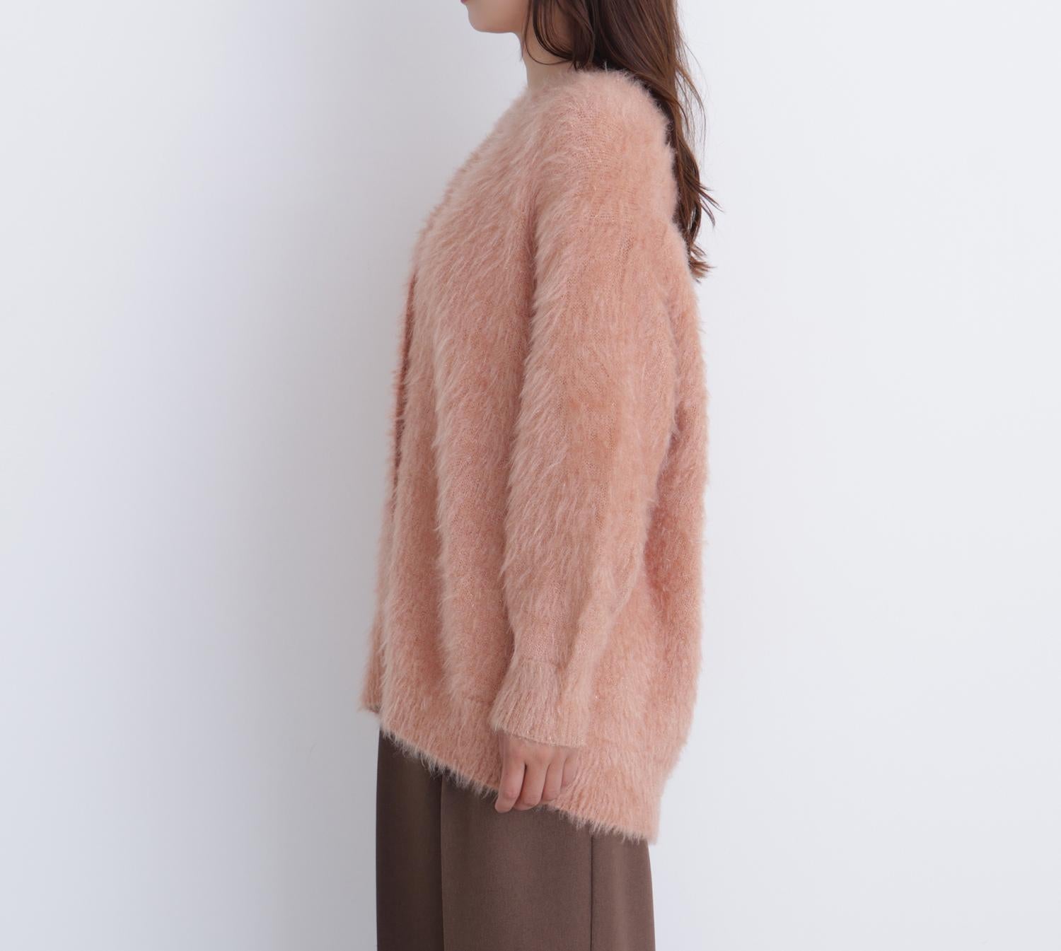 ヘアリーラメニットシリーズ Vネックカーディガン アプリコット