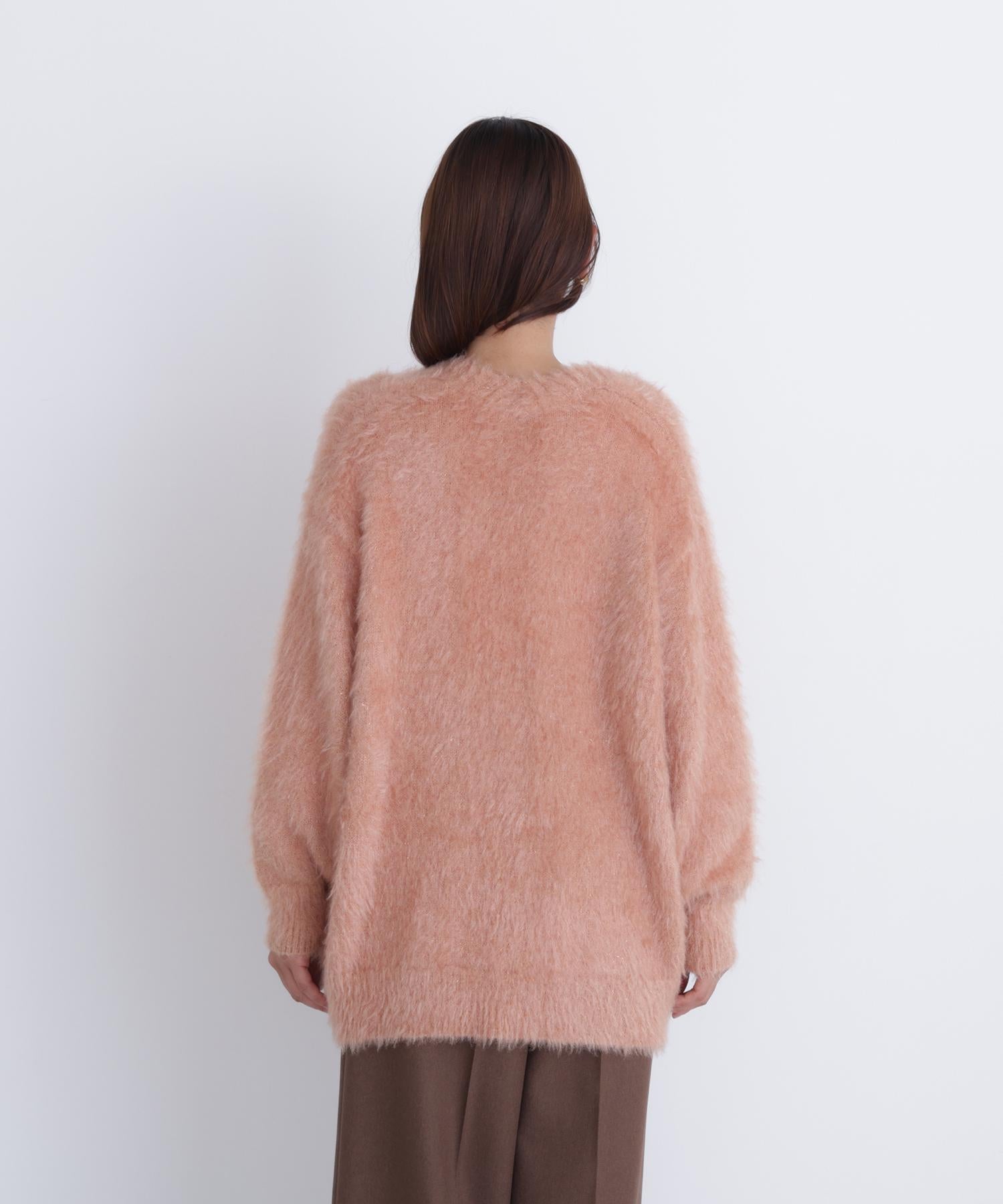 ヘアリーラメニットシリーズ Vネックカーディガン アプリコット