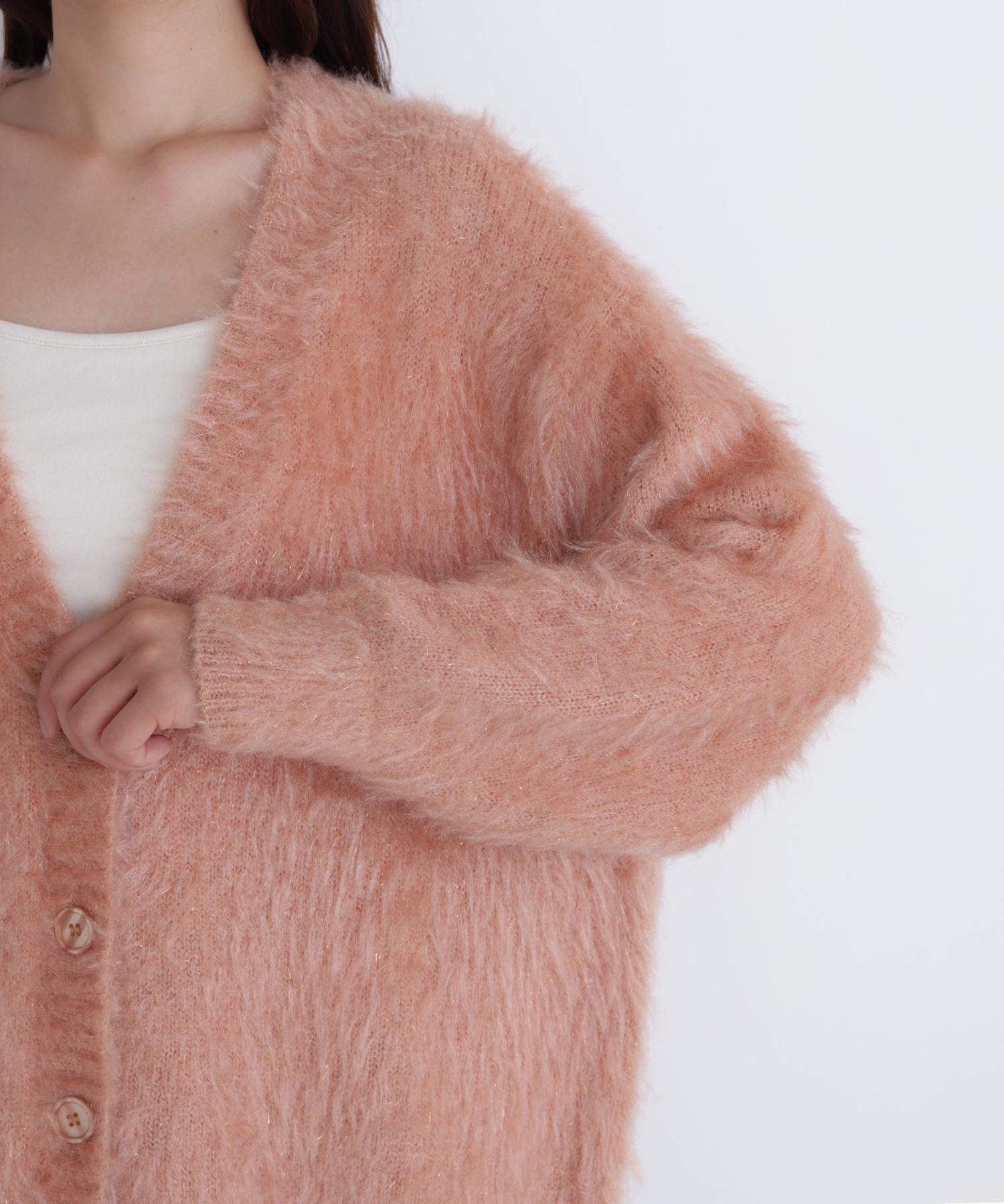 ヘアリーラメニットシリーズ Vネックカーディガン アプリコット