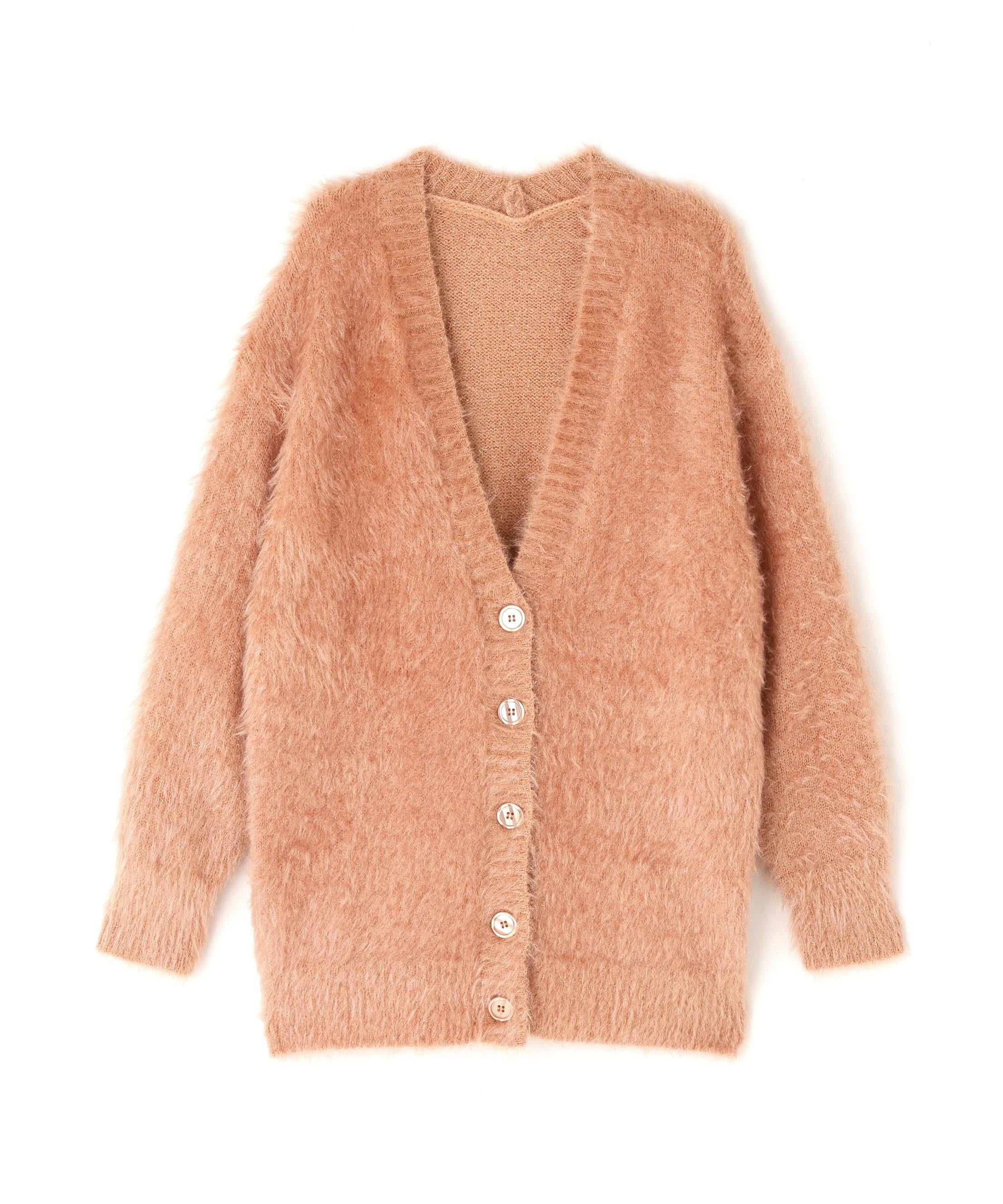 ヘアリーラメニットシリーズ Vネックカーディガン アプリコット