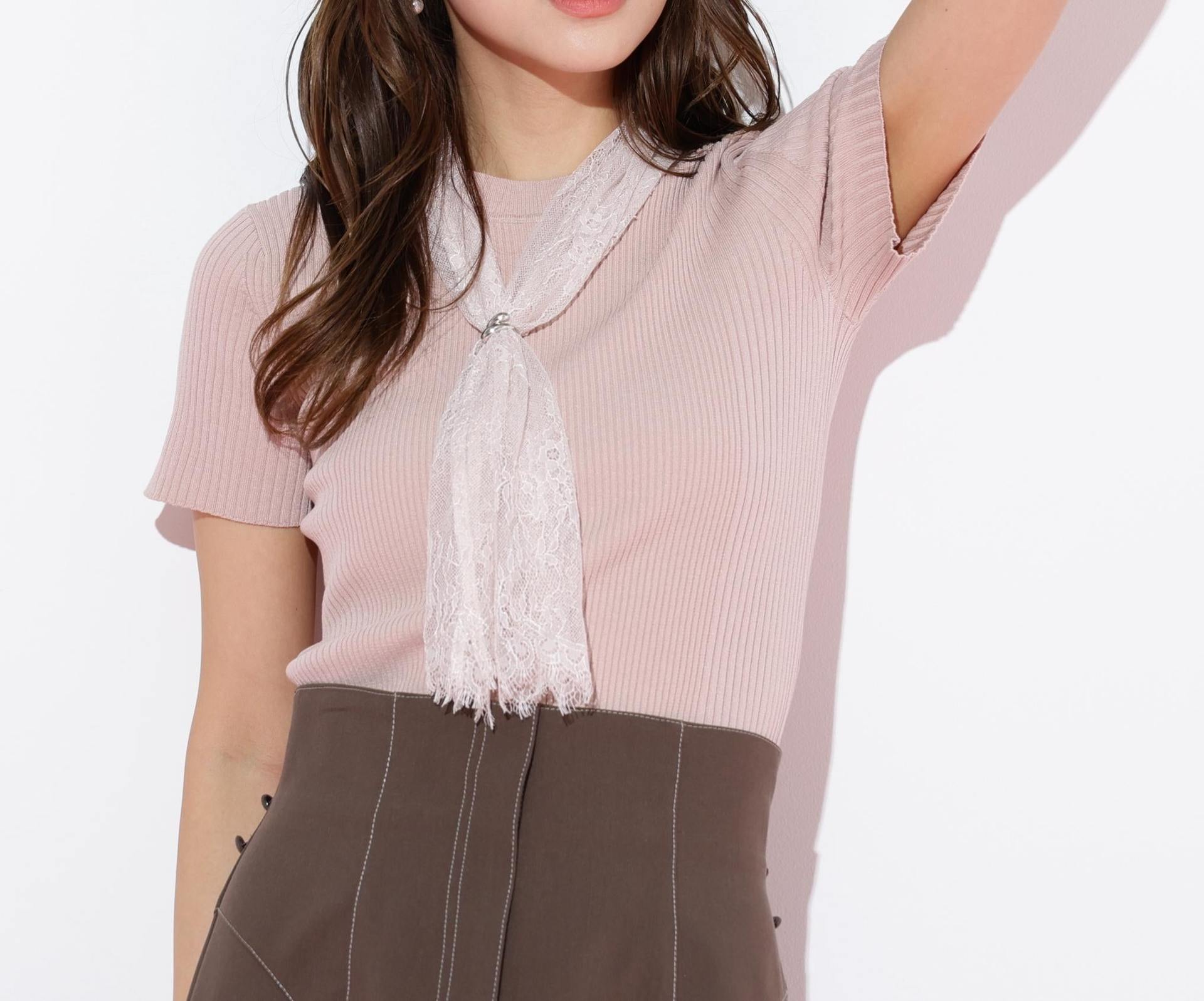 レーススカーフ付ニットトップス ピンク