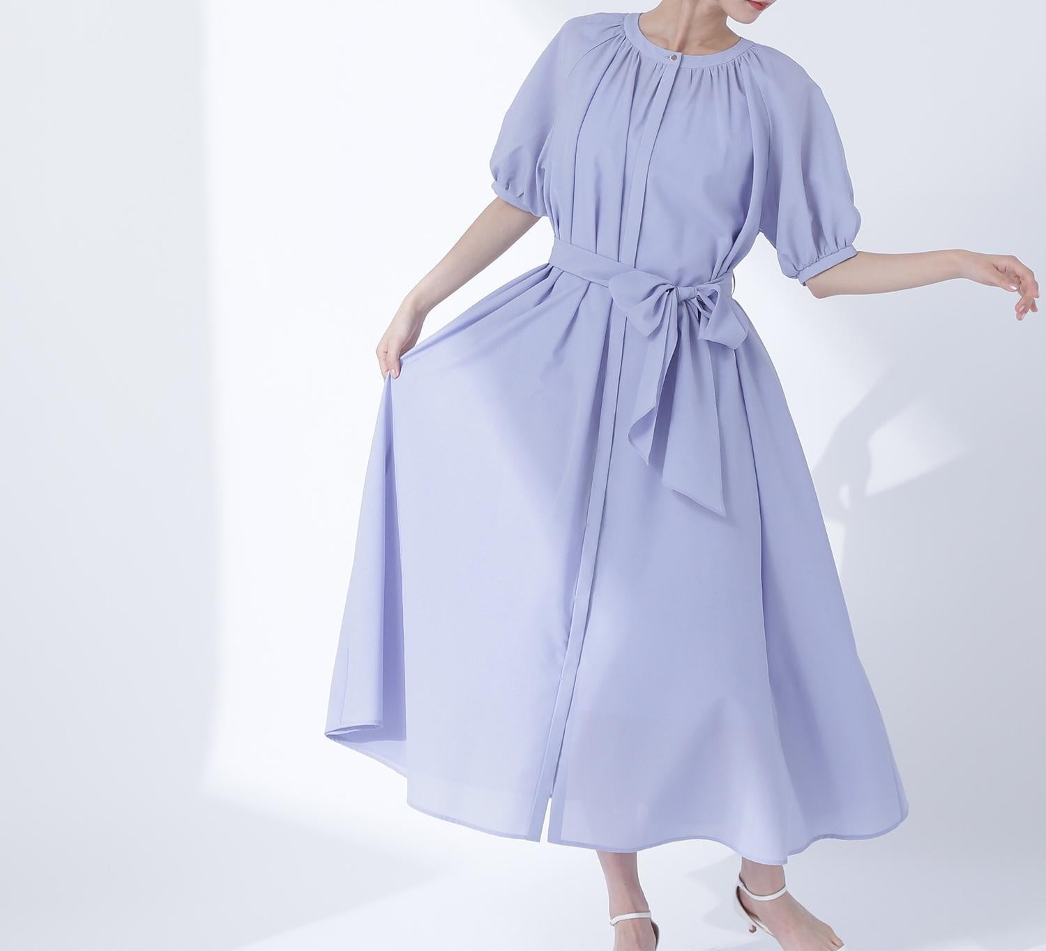 シアーベルテッドギャザーワンピース ブルー