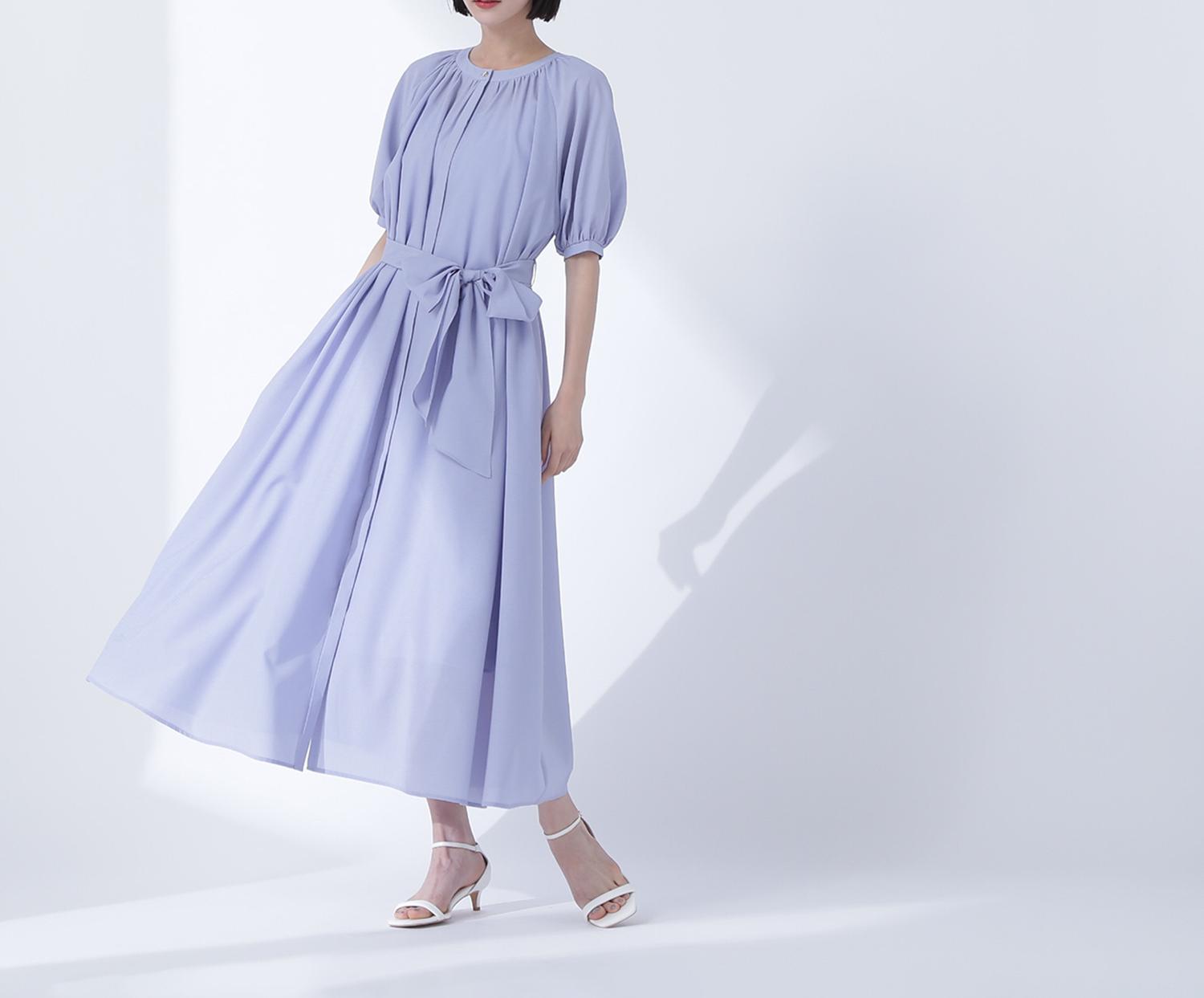 シアーベルテッドギャザーワンピース ブルー