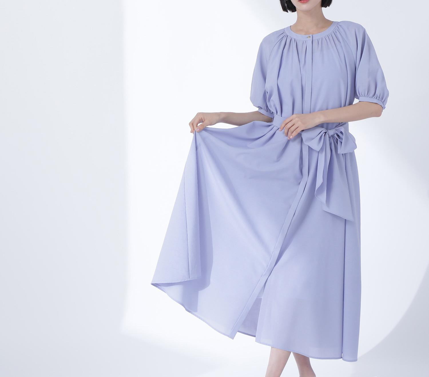 シアーベルテッドギャザーワンピース ブルー