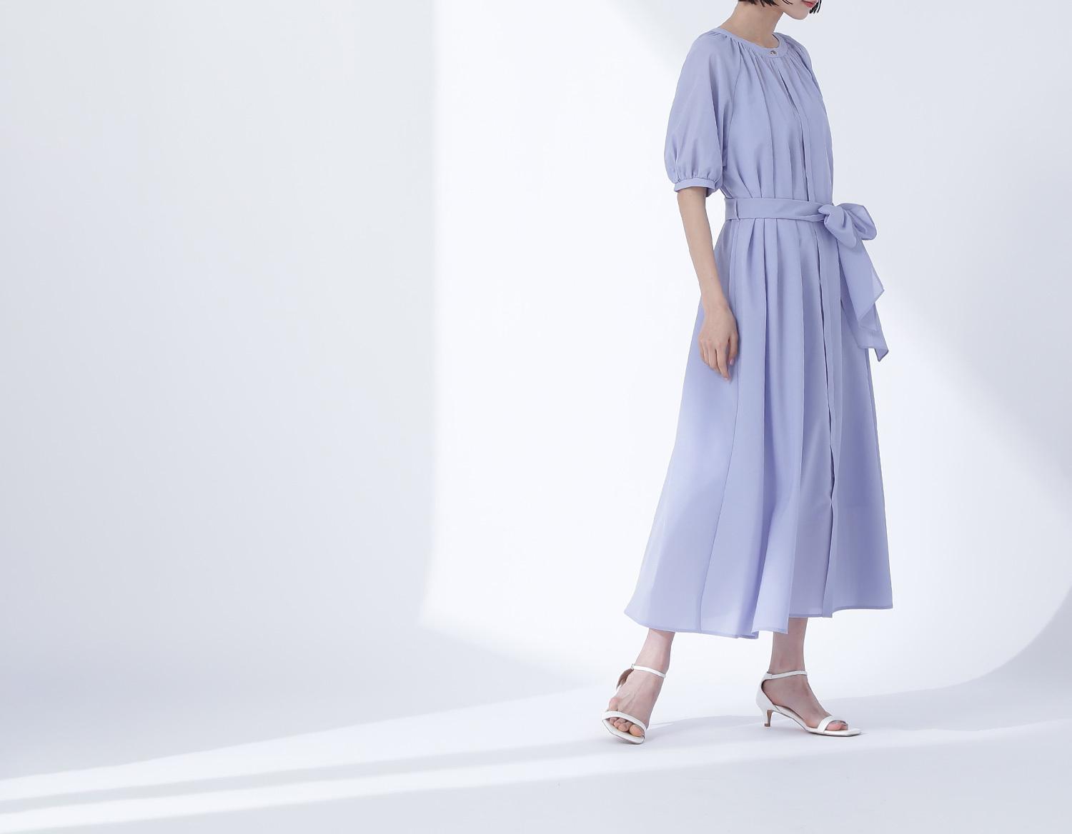 シアーベルテッドギャザーワンピース ブルー