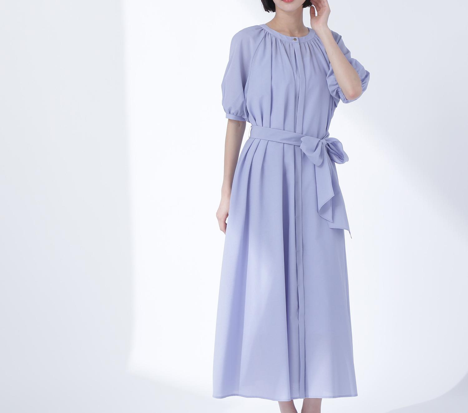 シアーベルテッドギャザーワンピース ブルー