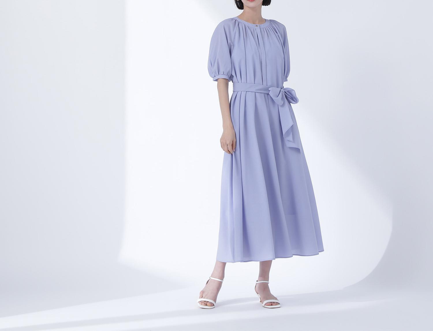 シアーベルテッドギャザーワンピース ブルー