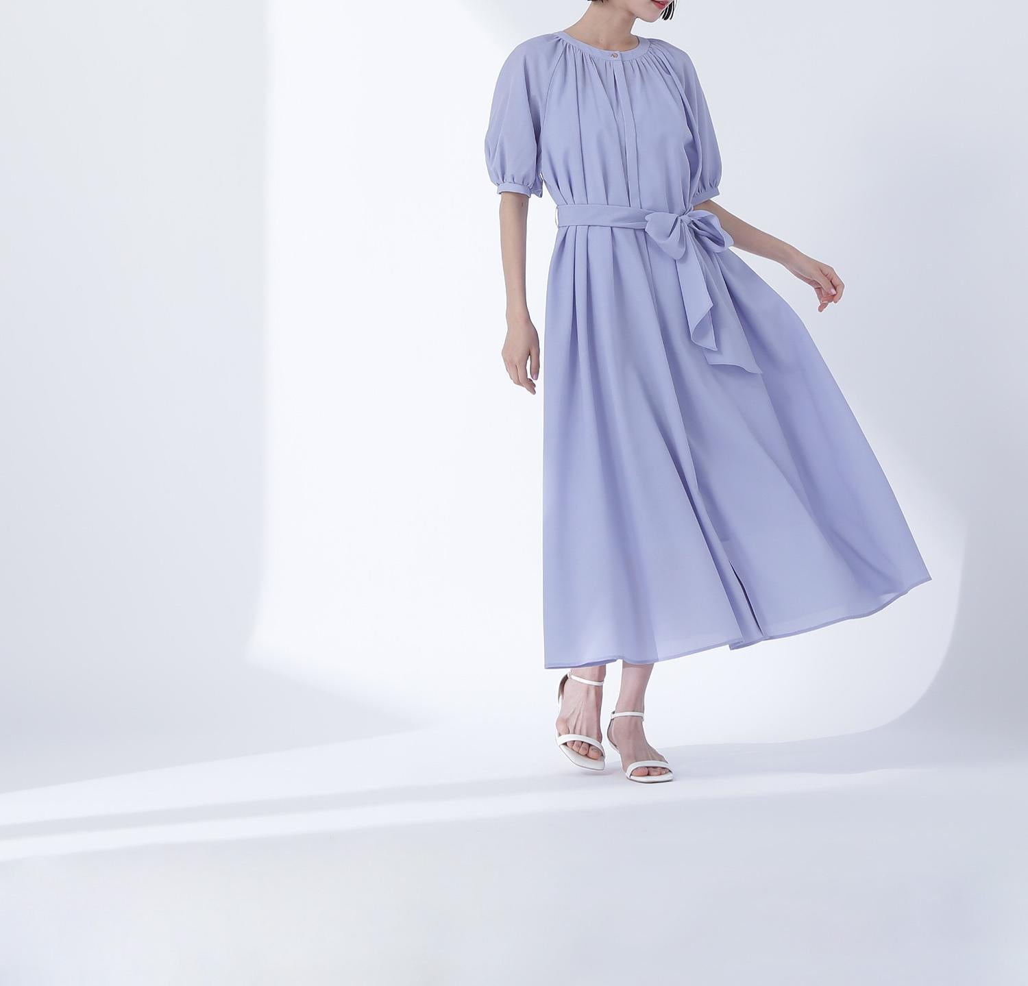 シアーベルテッドギャザーワンピース ブルー