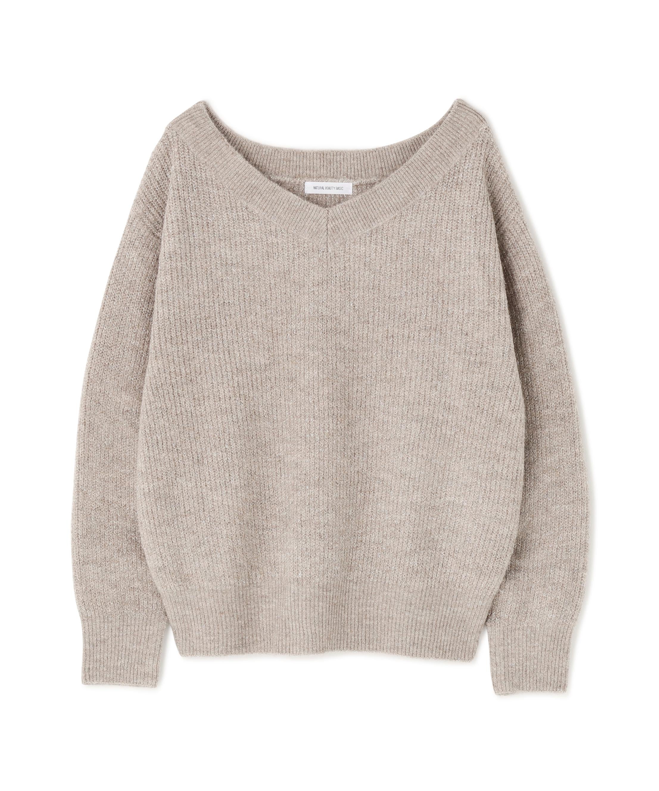 Vネックボクシーラメニット ベージュ