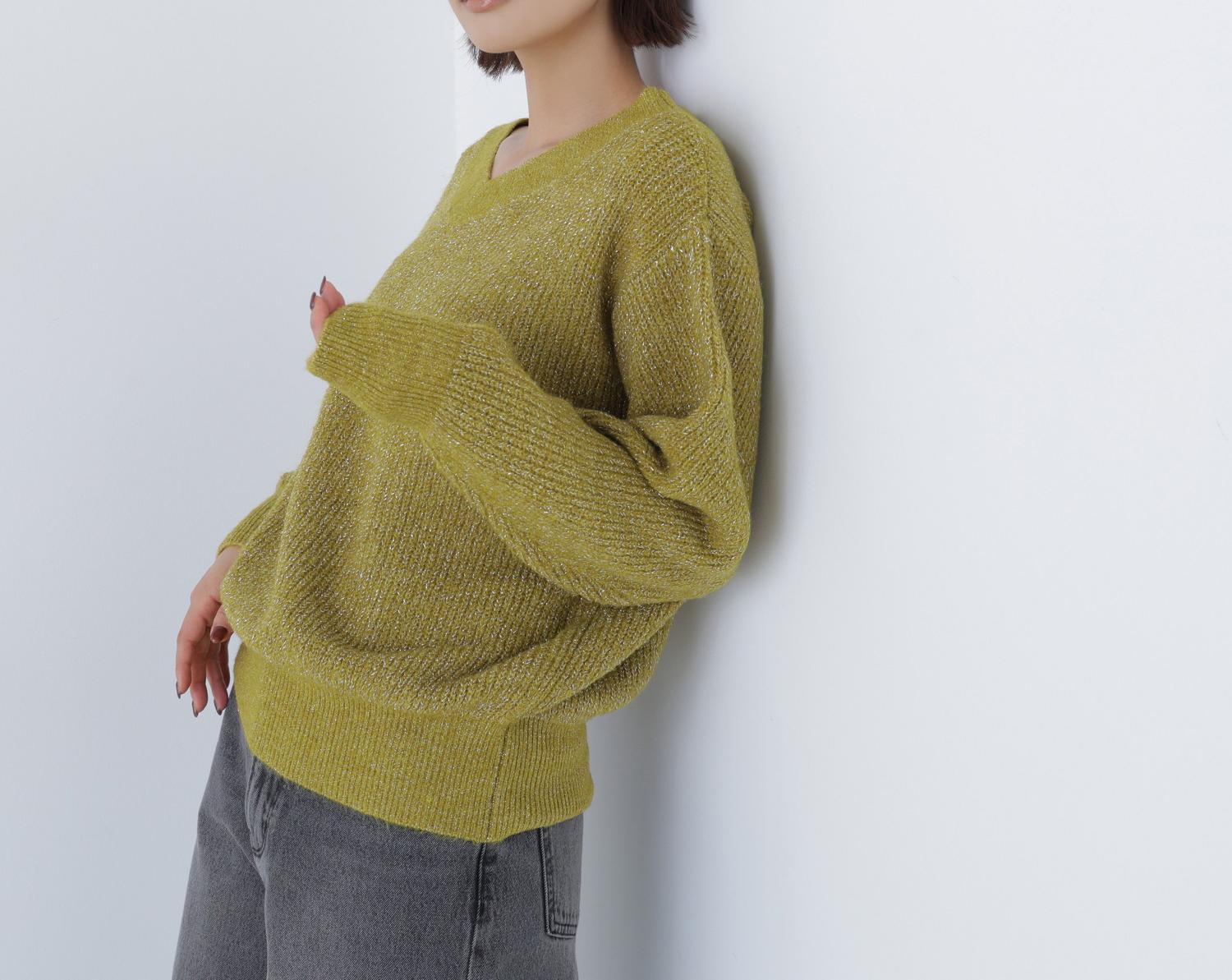 Vネックボクシーラメニット ライムグリーン1