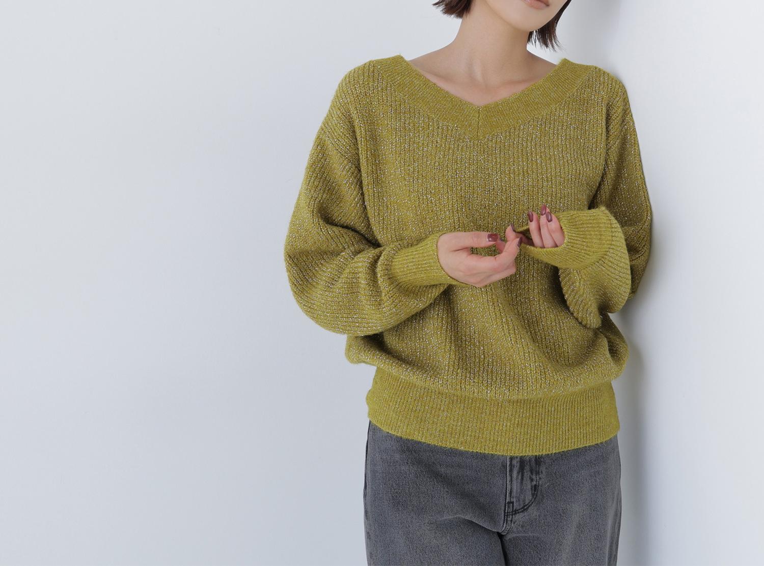 Vネックボクシーラメニット ライムグリーン1