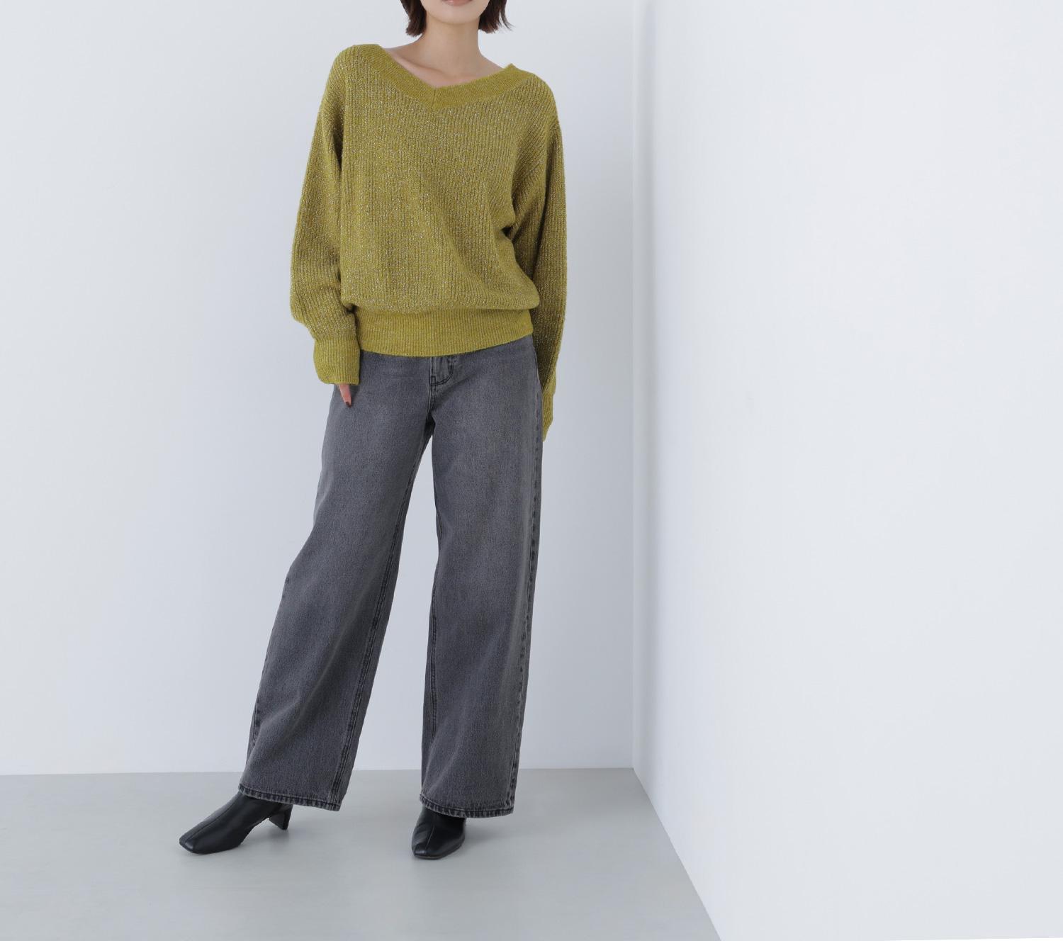 Vネックボクシーラメニット ライムグリーン1