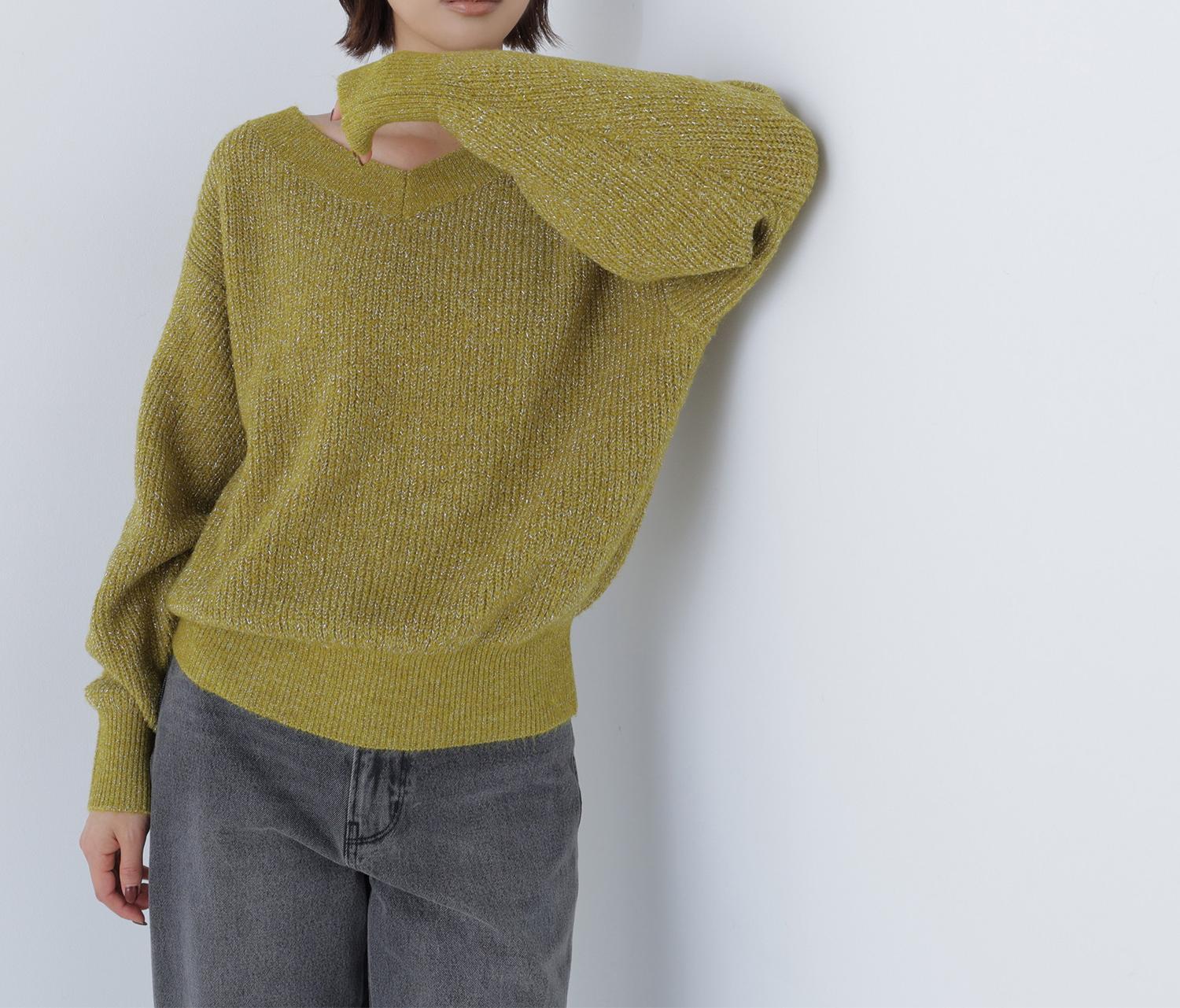 Vネックボクシーラメニット ライムグリーン1