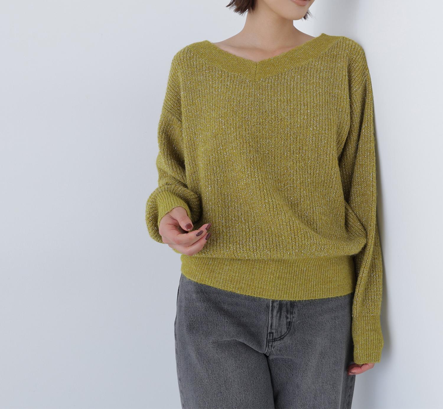 Vネックボクシーラメニット ライムグリーン1