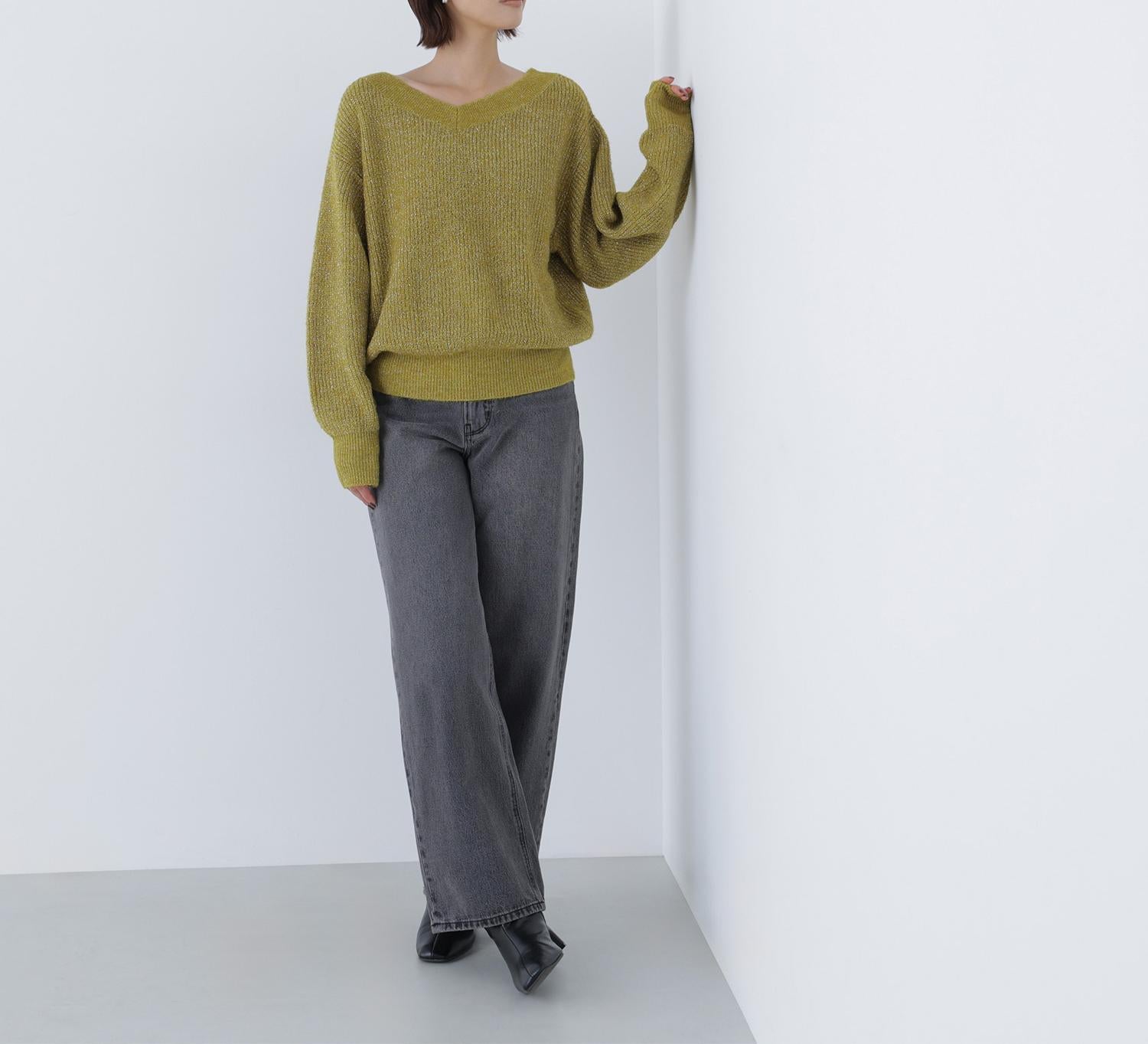 Vネックボクシーラメニット ライムグリーン1