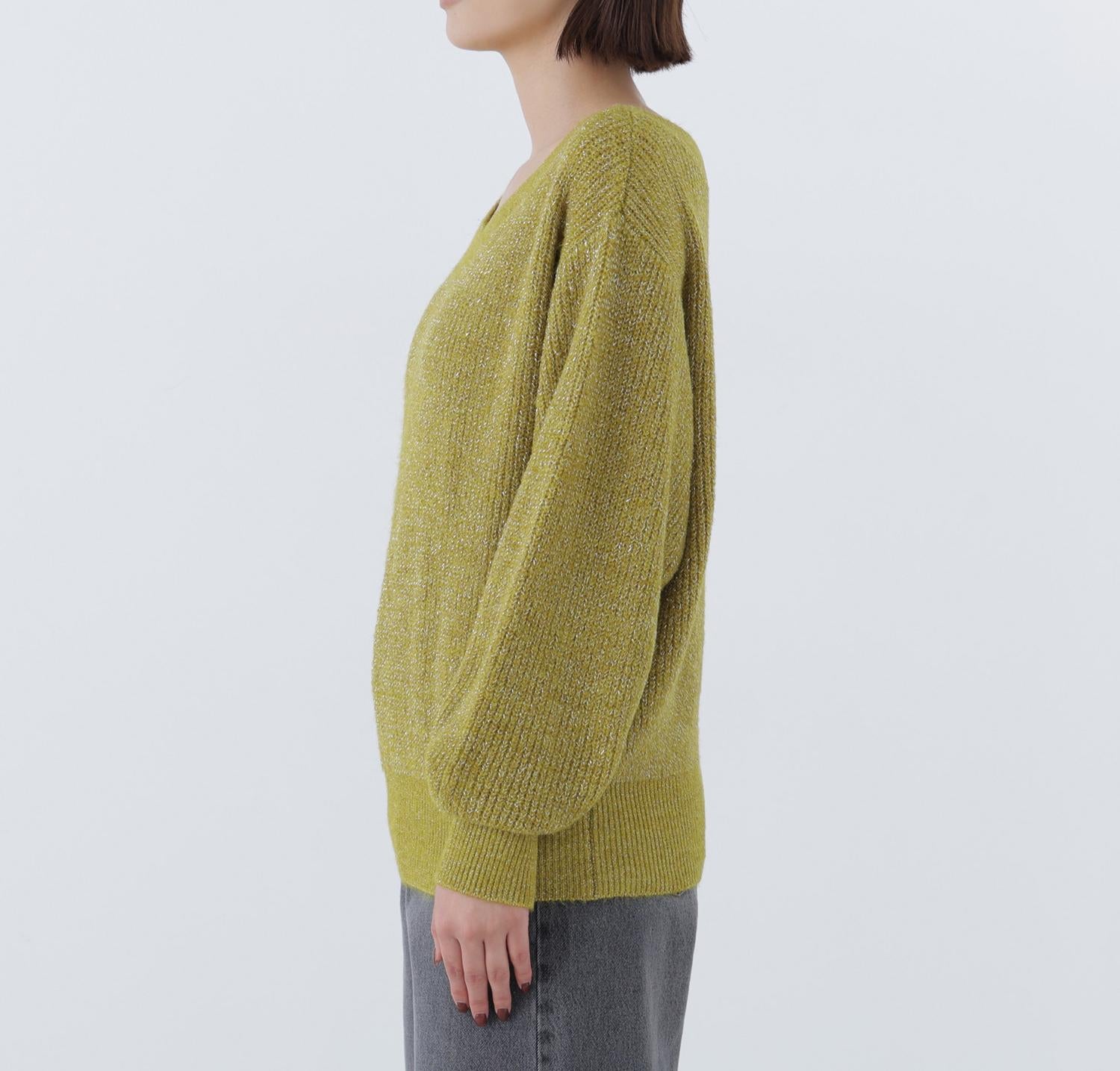 Vネックボクシーラメニット ライムグリーン1