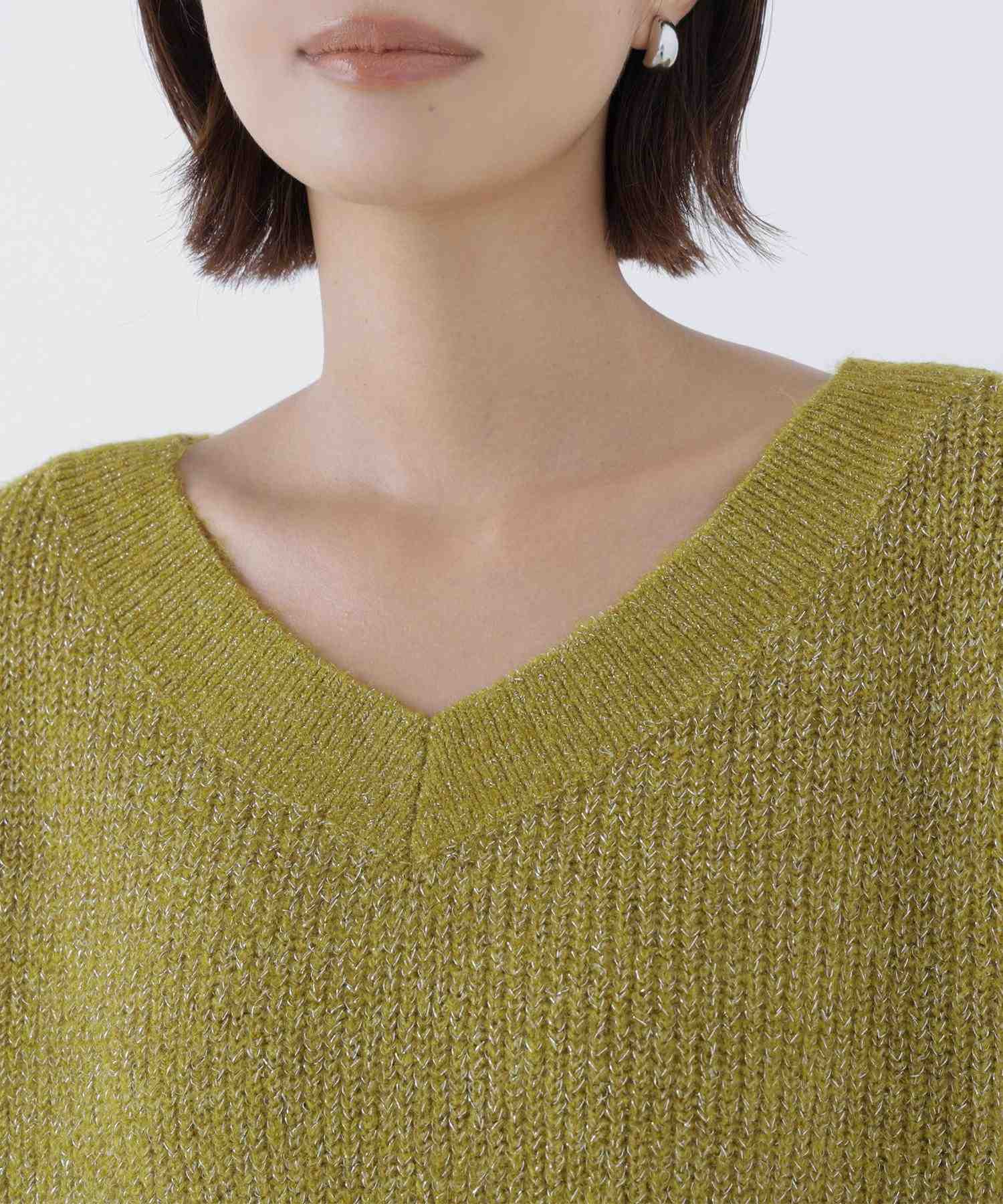 Vネックボクシーラメニット ライムグリーン1