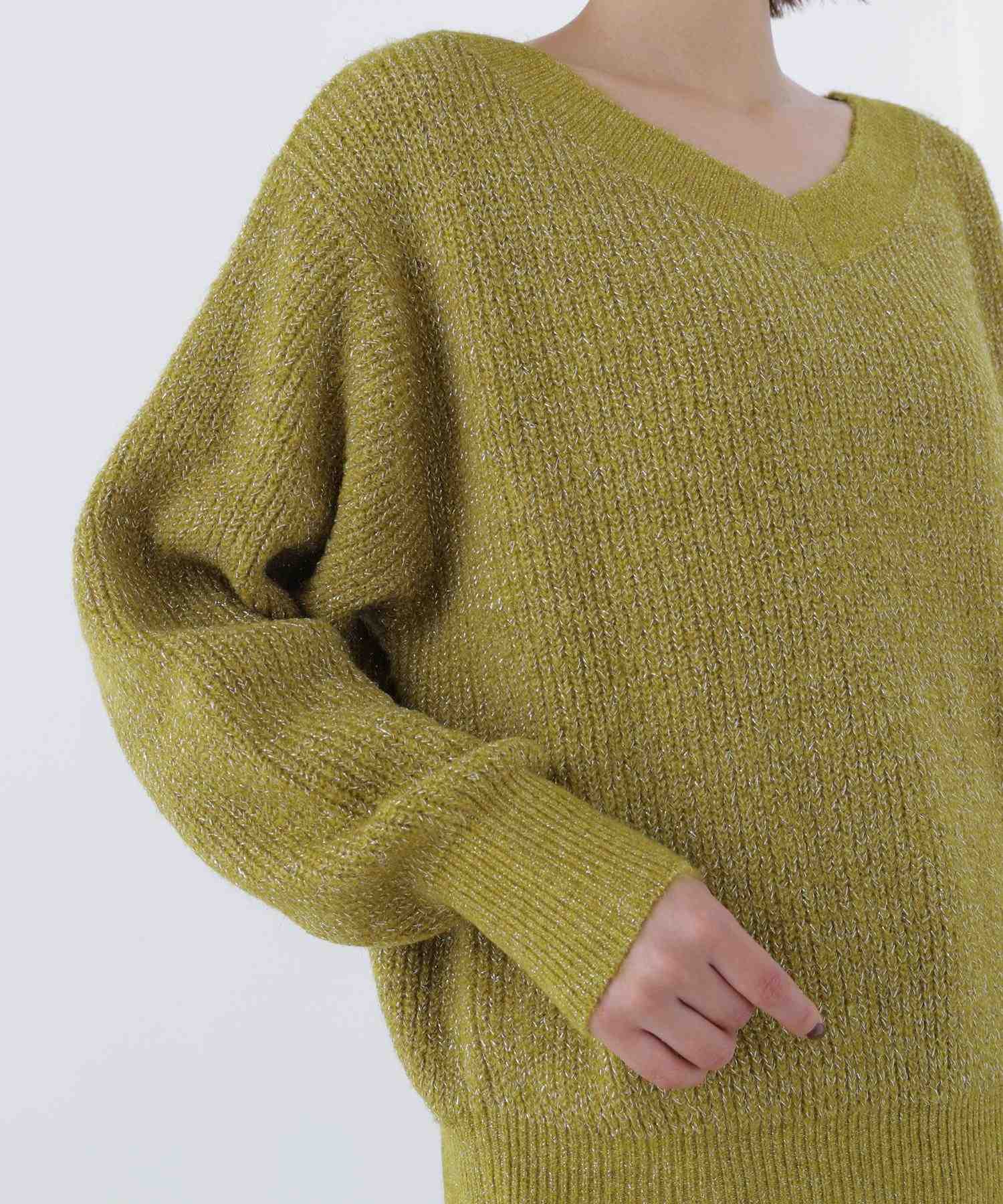 Vネックボクシーラメニット ライムグリーン1