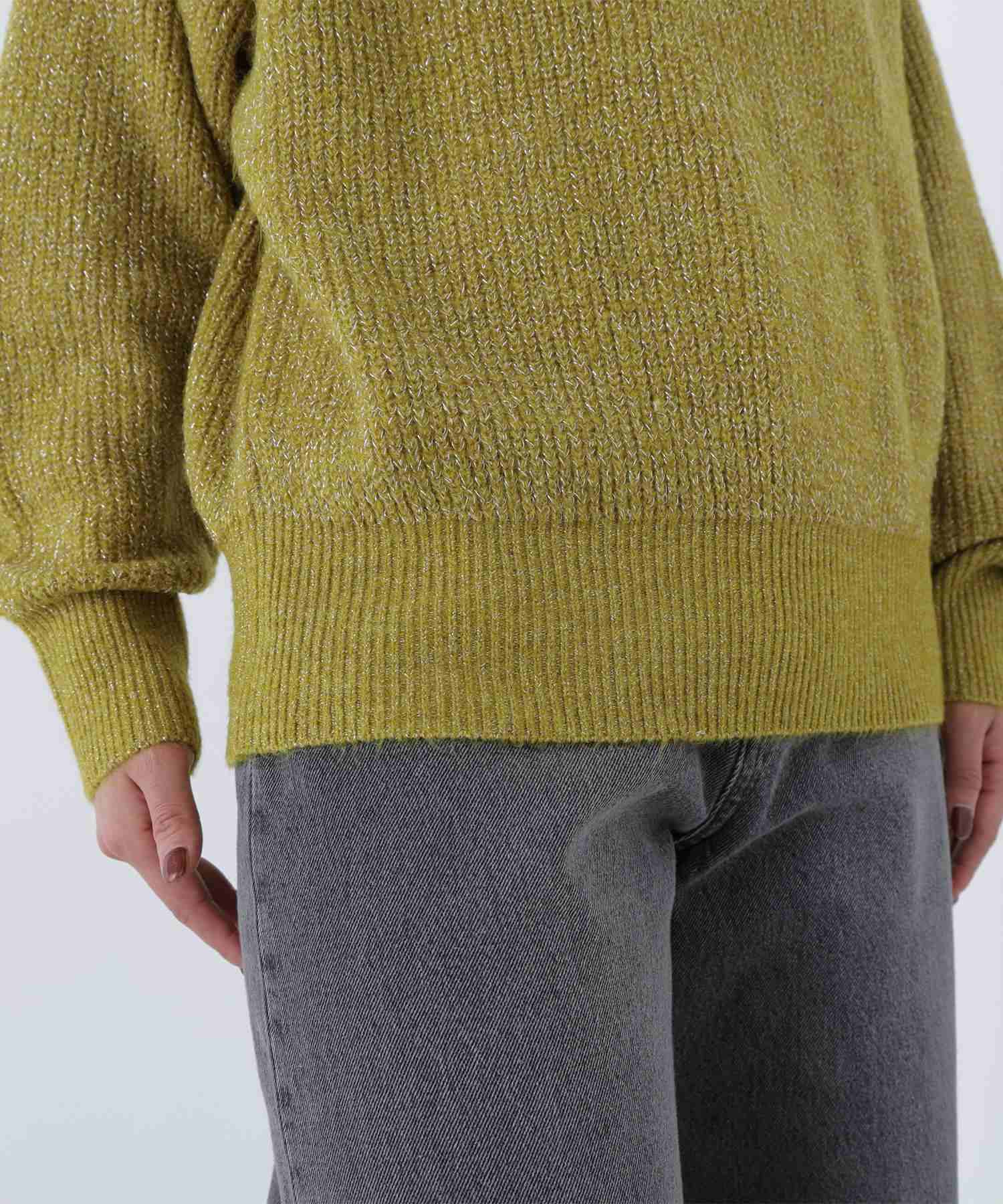 Vネックボクシーラメニット ライムグリーン1