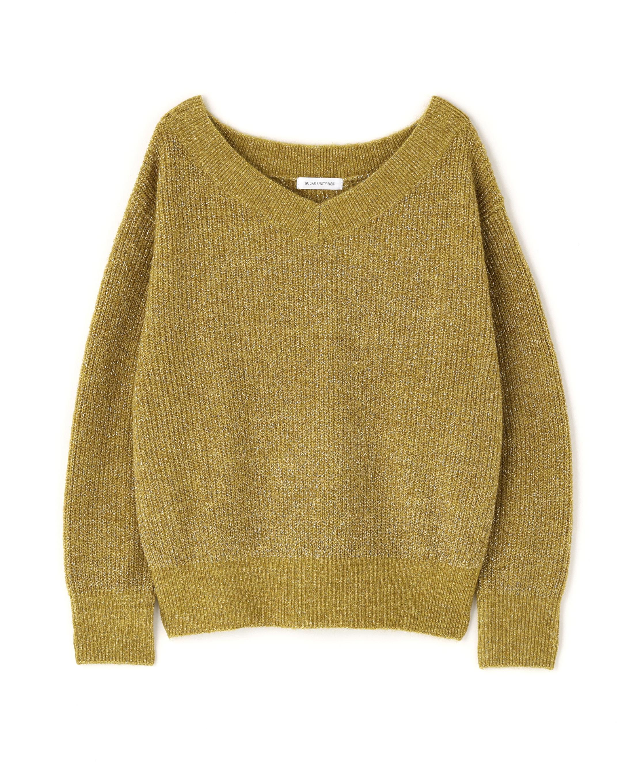 Vネックボクシーラメニット ライムグリーン1