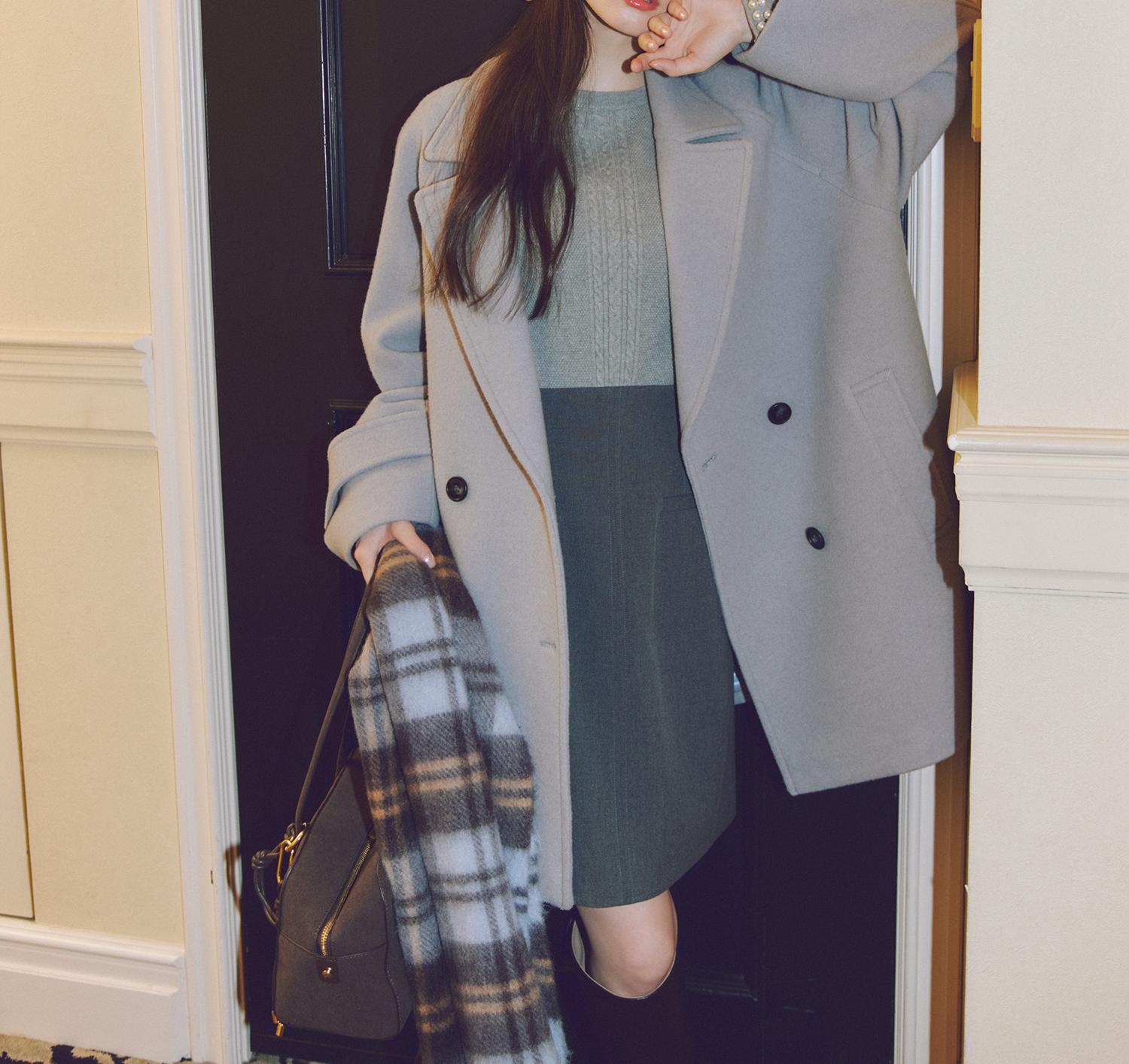 ダブルブレストフォルムミドルコート グレー